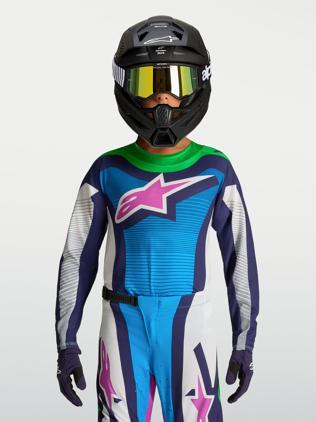 Alpinestars Jersey Supertech Maven Juvenil 2027, jersey de motocross azul y blanco, malla ligera, usado con casco