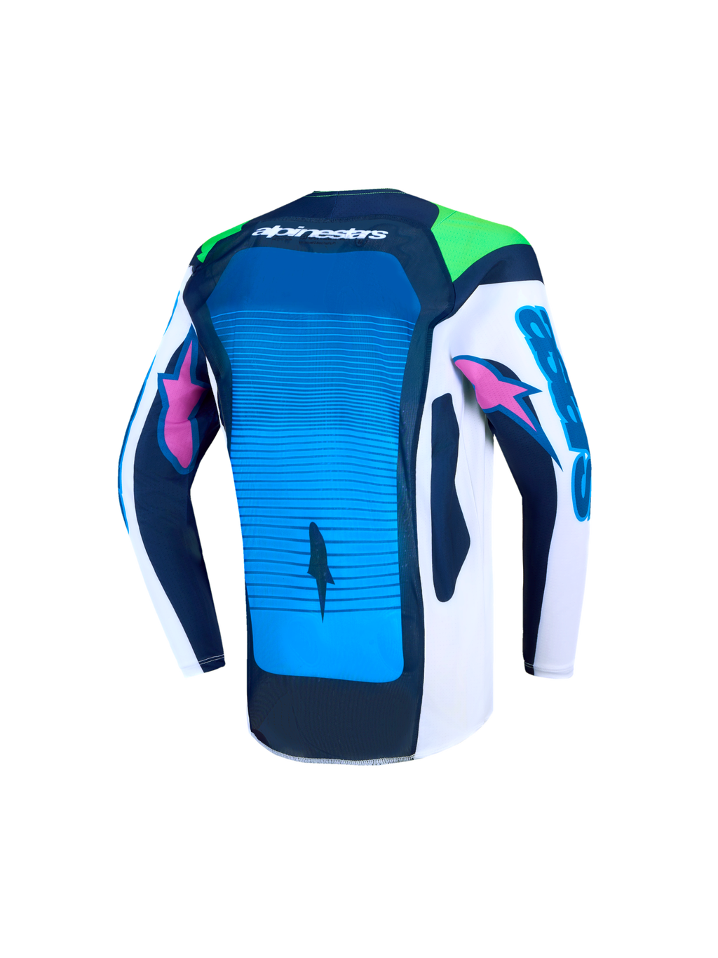 Alpinestars Supertech Maven, jersey de motocross juvenil, azul y blanco, vista trasera con malla ventilada y ajuste atlético