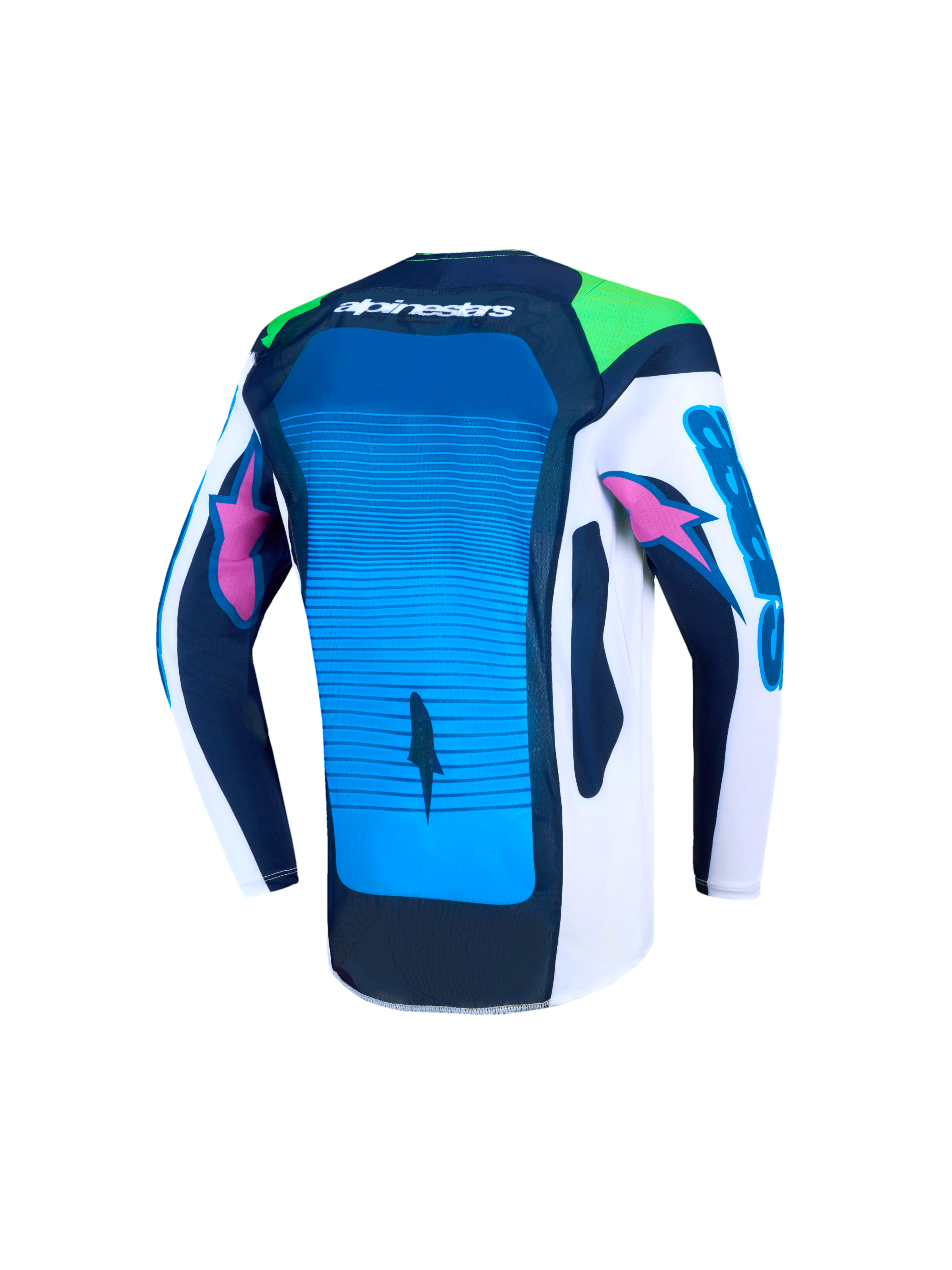 Alpinestars Supertech Maven, jersey de motocross juvenil, azul y blanco, vista trasera con malla ventilada y ajuste atlético