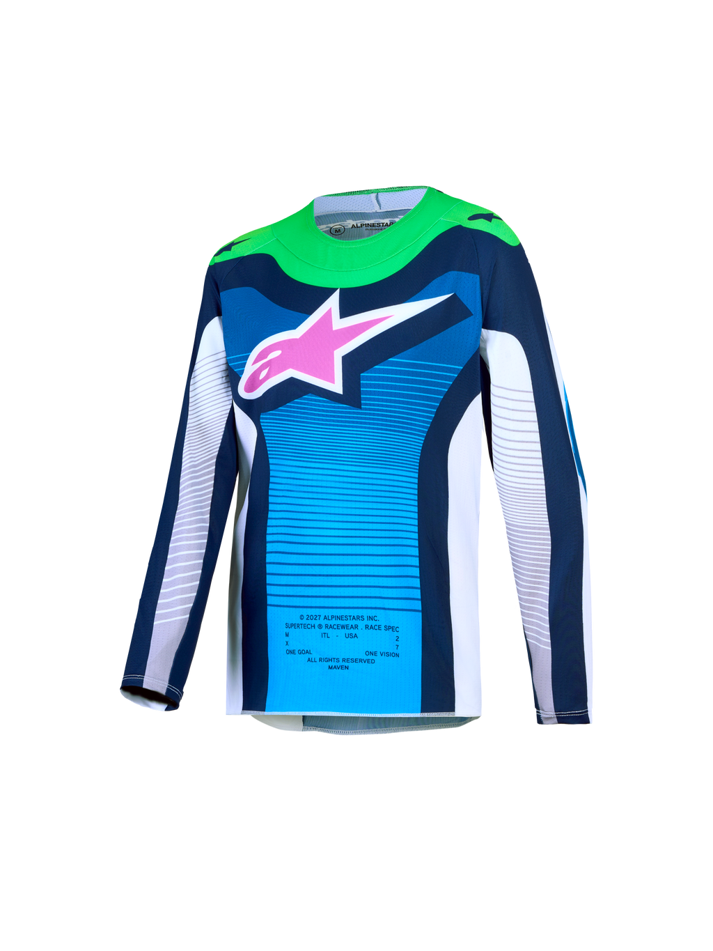 Alpinestars Supertech Maven Juvenil, jersey de motocross en azul y verde con logo rosa, malla elástica transpirable