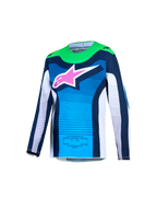 Alpinestars Supertech Maven Juvenil, jersey de motocross en azul y verde con logo rosa, malla elástica transpirable