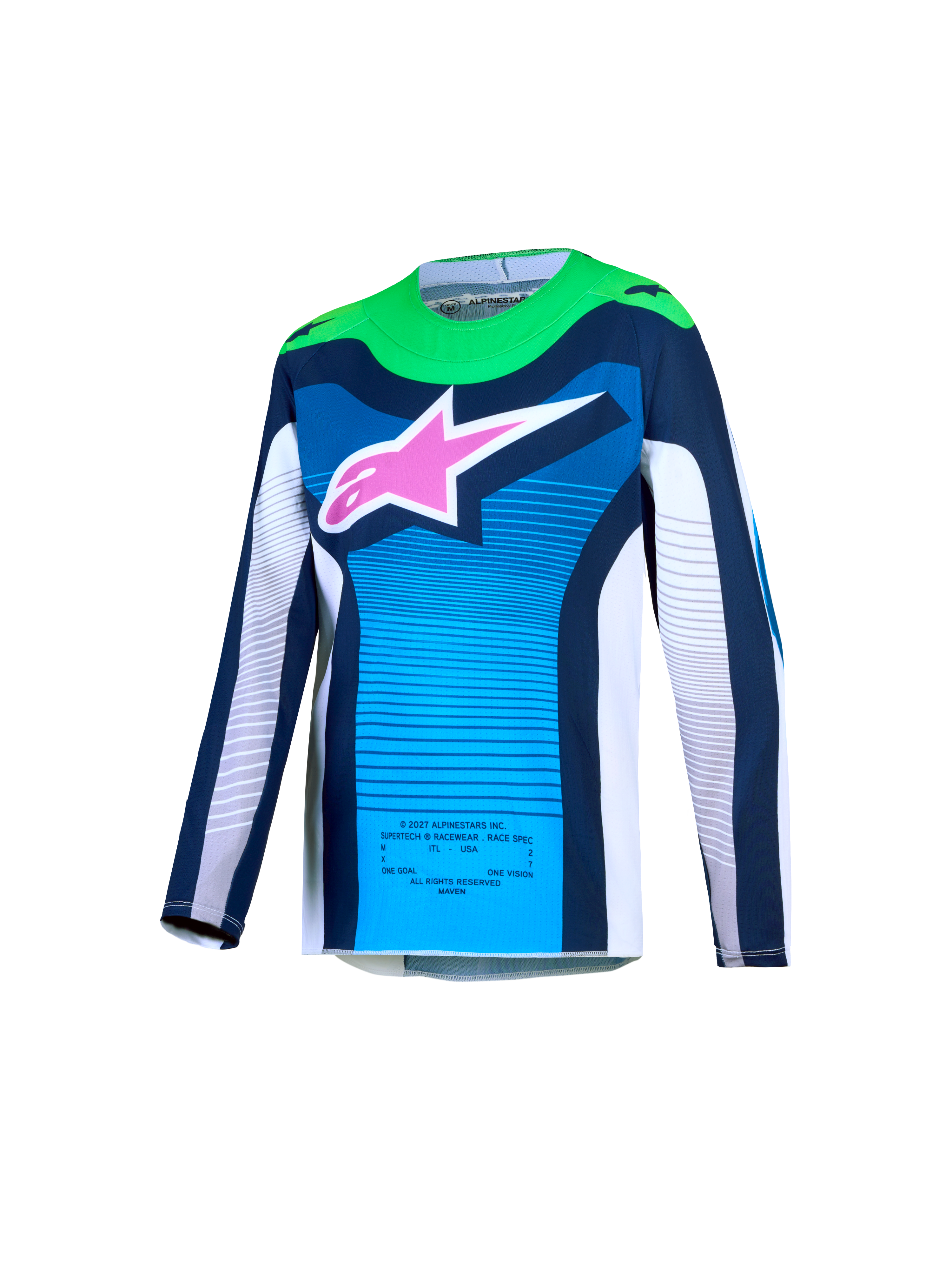 Alpinestars Supertech Maven Juvenil, jersey de motocross en azul y verde con logo rosa, malla elástica transpirable