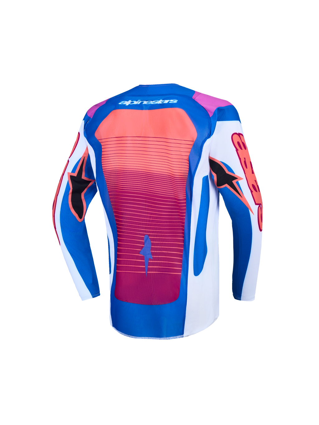 Jersey Supertech Maven juvenil de Alpinestars, jersey de motocross azul y coral, vista posterior, malla ligera transpirable