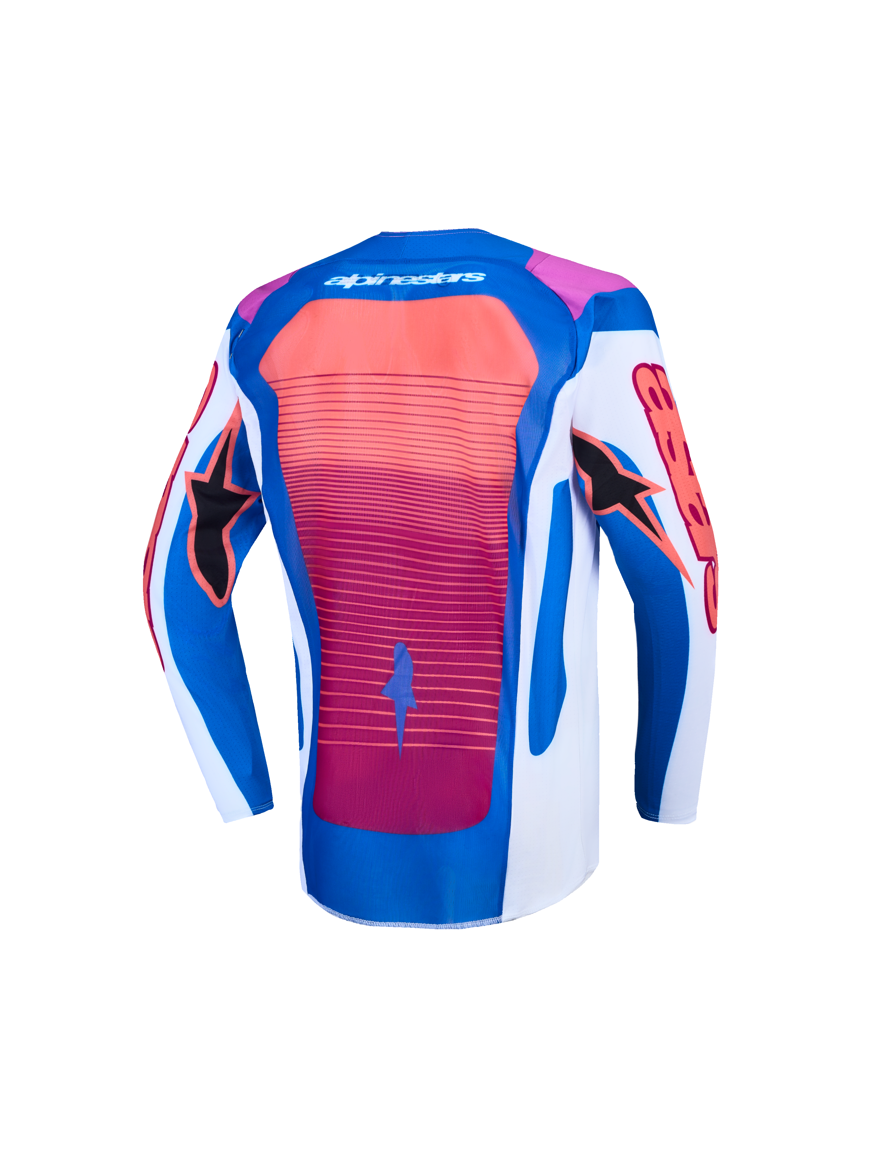 Jersey Supertech Maven juvenil de Alpinestars, jersey de motocross azul y coral, vista posterior, malla ligera transpirable