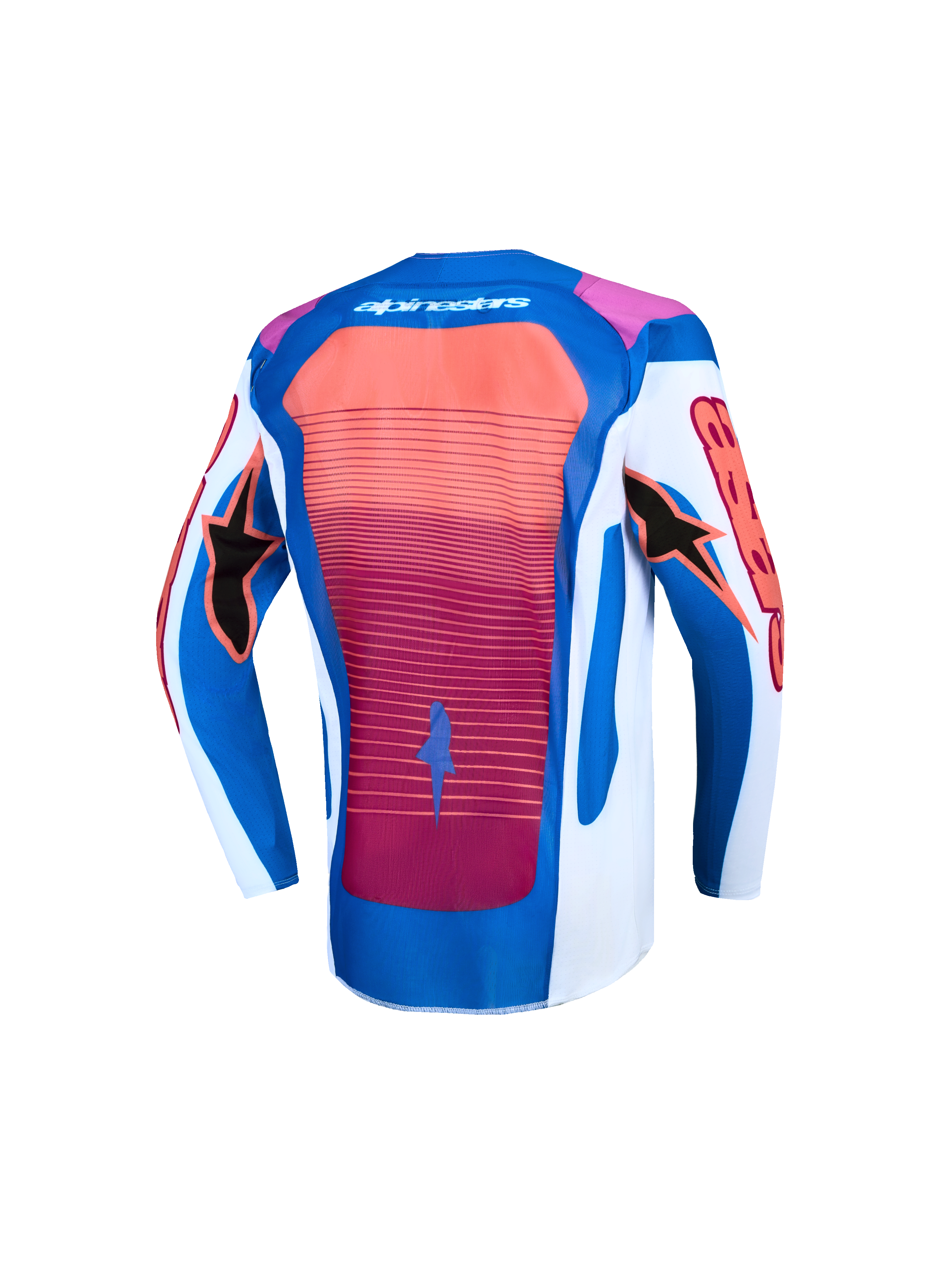 Alpinestars Youth Supertech Maven Motocross Jersey in blue, white, and hot coral with a ventilated mesh back.