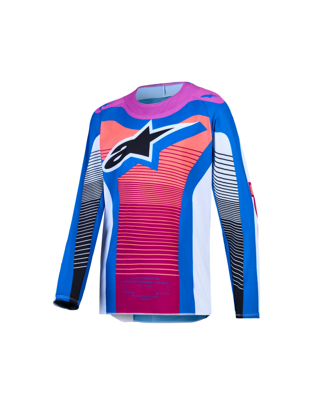 Alpinestars Jersey Supertech Maven Juvenil, jersey de motocross para jóvenes, azul y naranja coral, tejido de malla ventilada con logo de estrella negro, equipo técnico de carreras