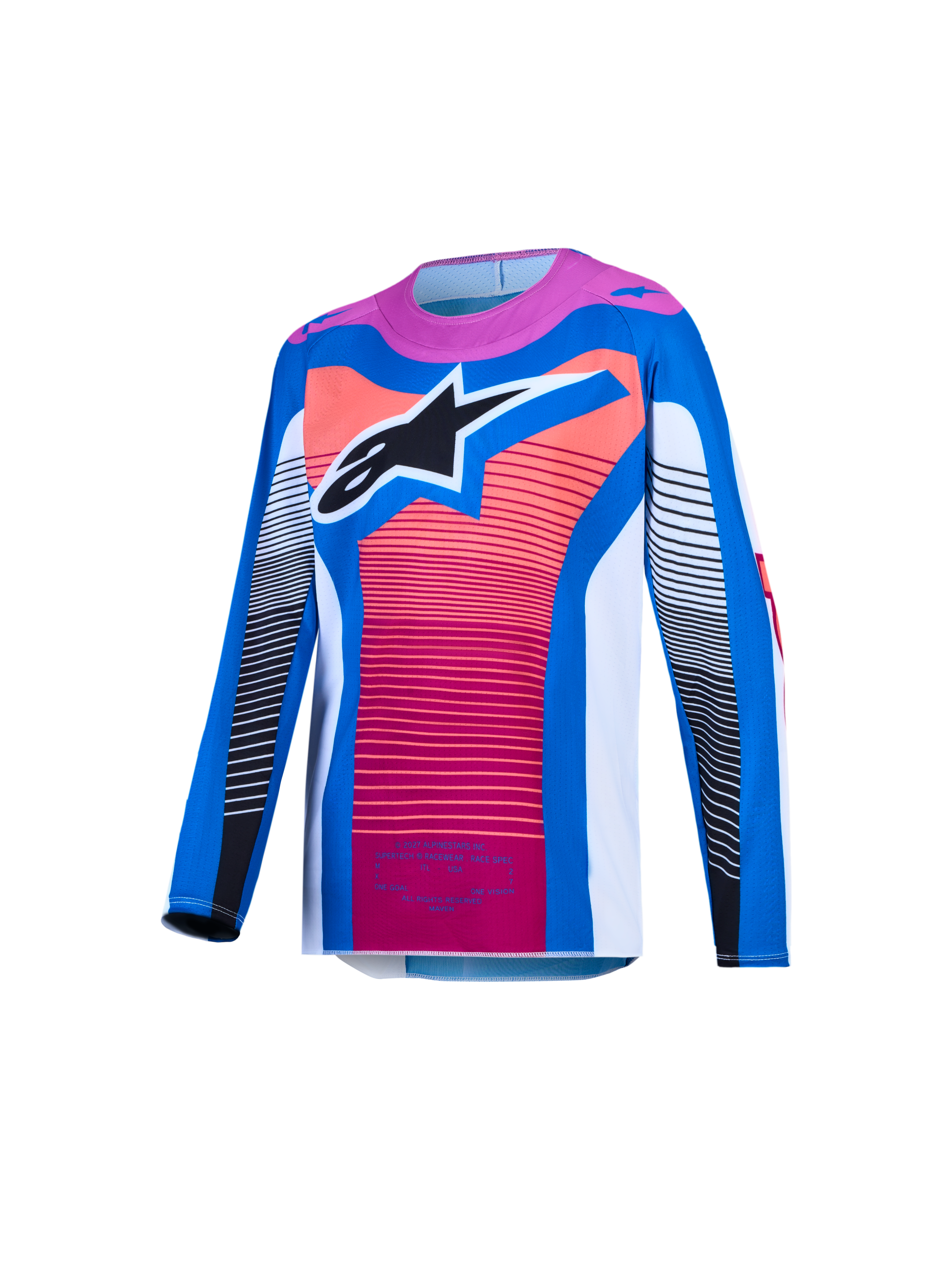 Alpinestars Jersey Supertech Maven Juvenil, jersey de motocross para jóvenes, azul y naranja coral, tejido de malla ventilada con logo de estrella negro, equipo técnico de carreras
