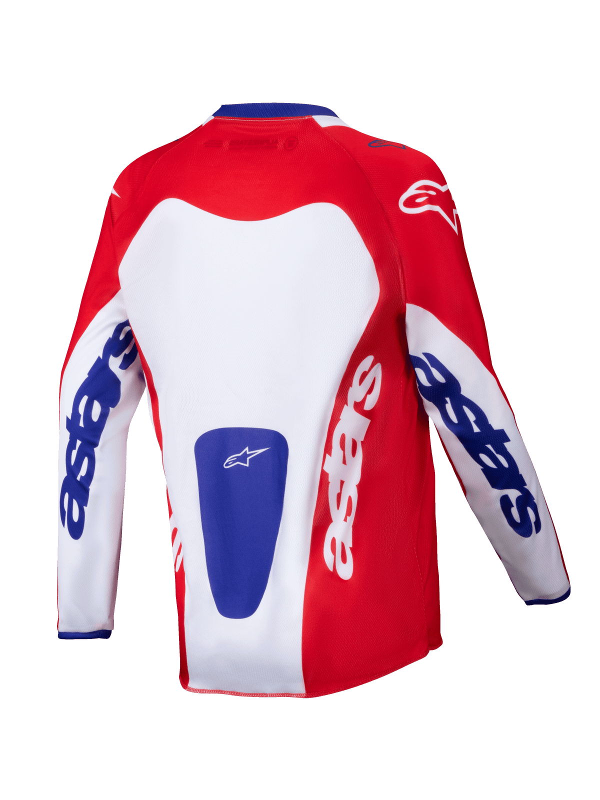 Alpinestars 2025 Youth Racer Veil Jersey, jersey de motocross, rojo brillante y blanco con detalles azules, vista posterior que muestra la marca 'astars' en las mangas y la espalda, diseñado para el rendimiento off-road juvenil