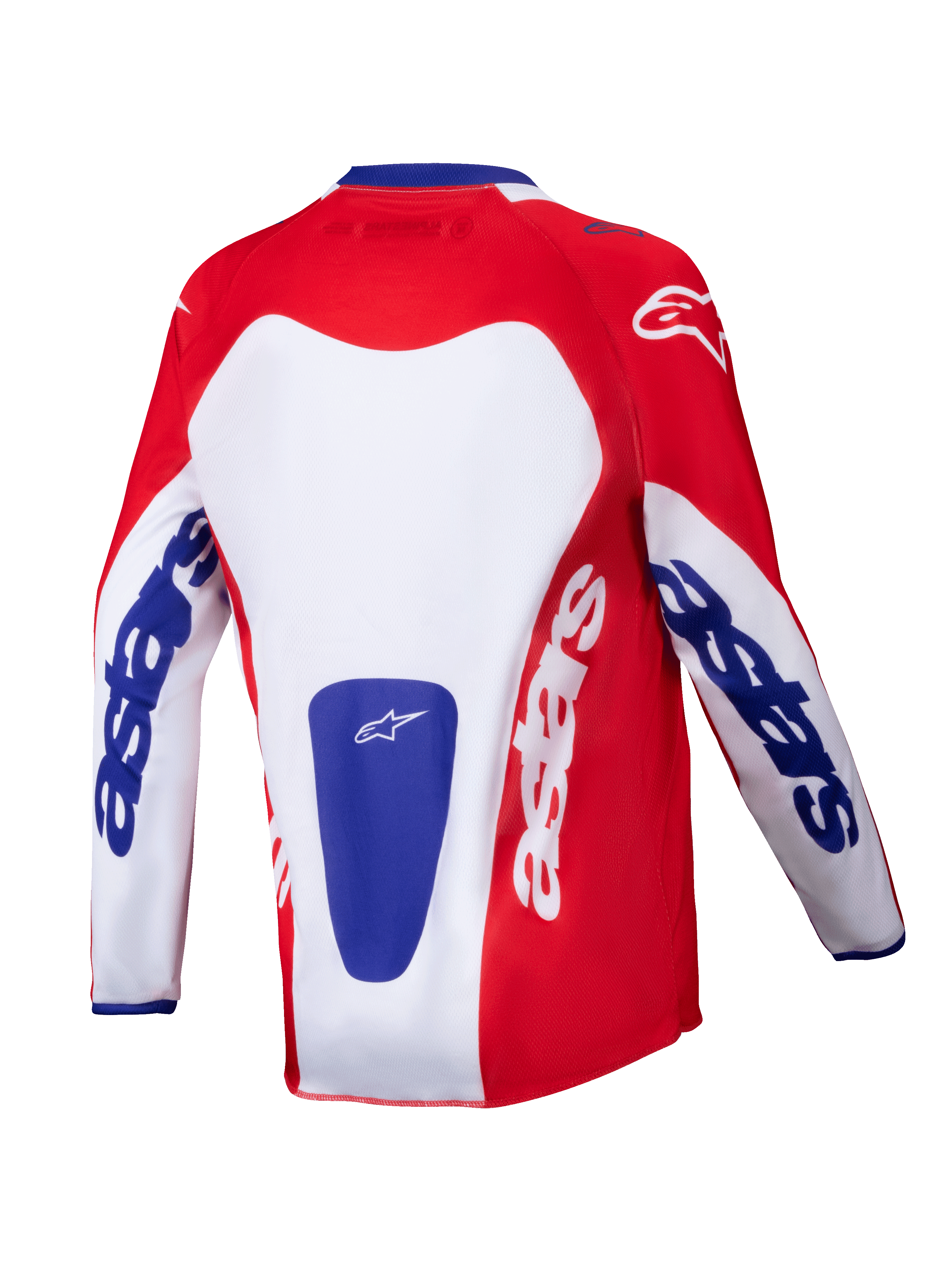 Alpinestars 2025 Youth Racer Veil Jersey, jersey de motocross, rojo brillante y blanco con detalles azules, vista posterior que muestra la marca 'astars' en las mangas y la espalda, diseñado para el rendimiento off-road juvenil