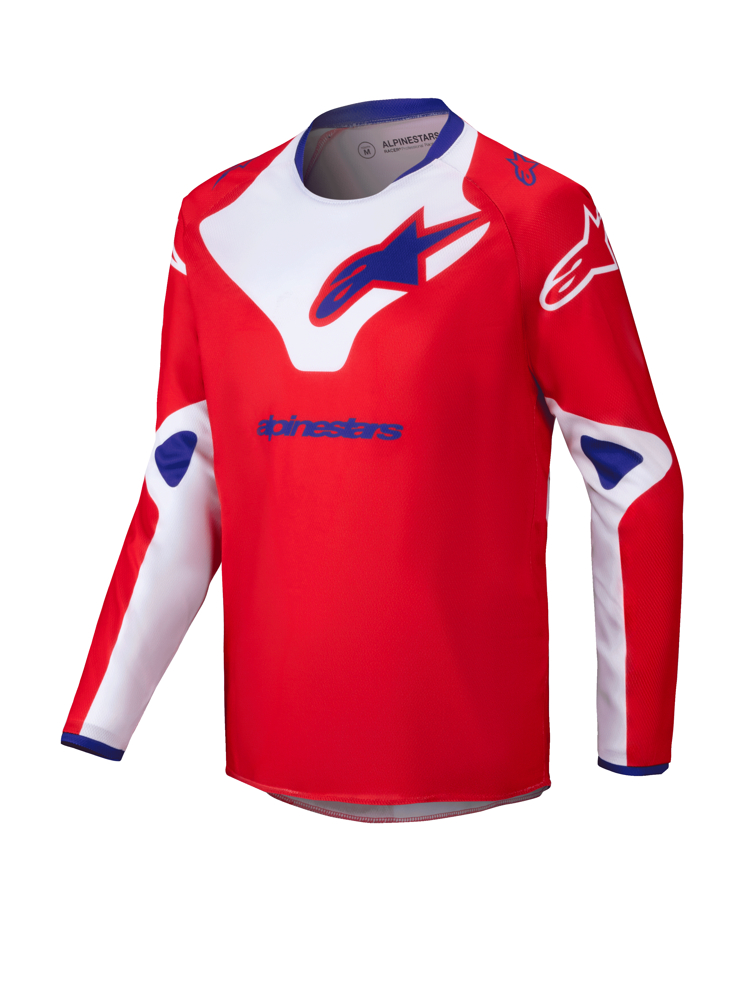 Alpinestars 2025 Youth Racer Veil Jersey, jersey de motocross juvenil, rojo con detalles en blanco y azul, tejido de manga larga que absorbe la humedad, logos grandes de Alpinestars en el pecho y hombros, cuello interior azul, ropa técnica de alto rendimiento para off-road