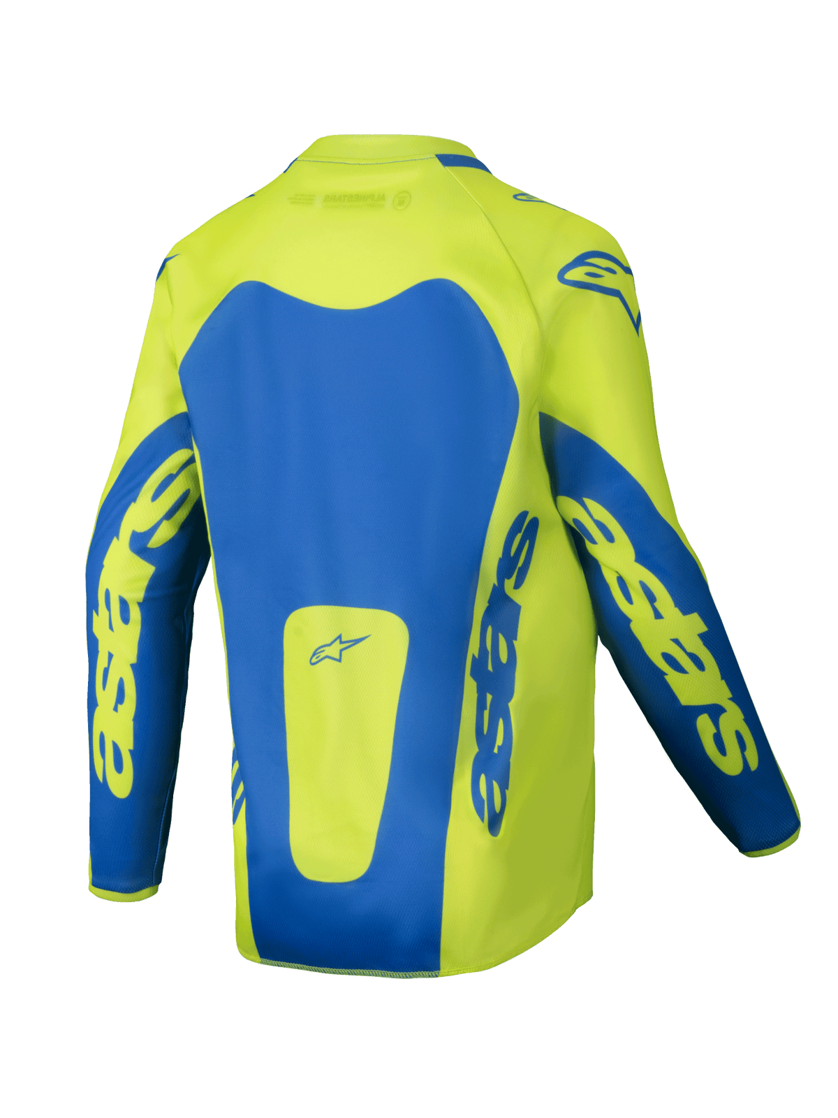 Alpinestars Youth Racer Veil Jersey 2025, jersey de motocross juvenil, amarillo flúor y azul, vista trasera con paneles azules llamativos y marca astars en las mangas, diseño con corte más largo en la parte trasera para mayor cobertura, tejido ligero que absorbe la humedad para carreras todoterreno