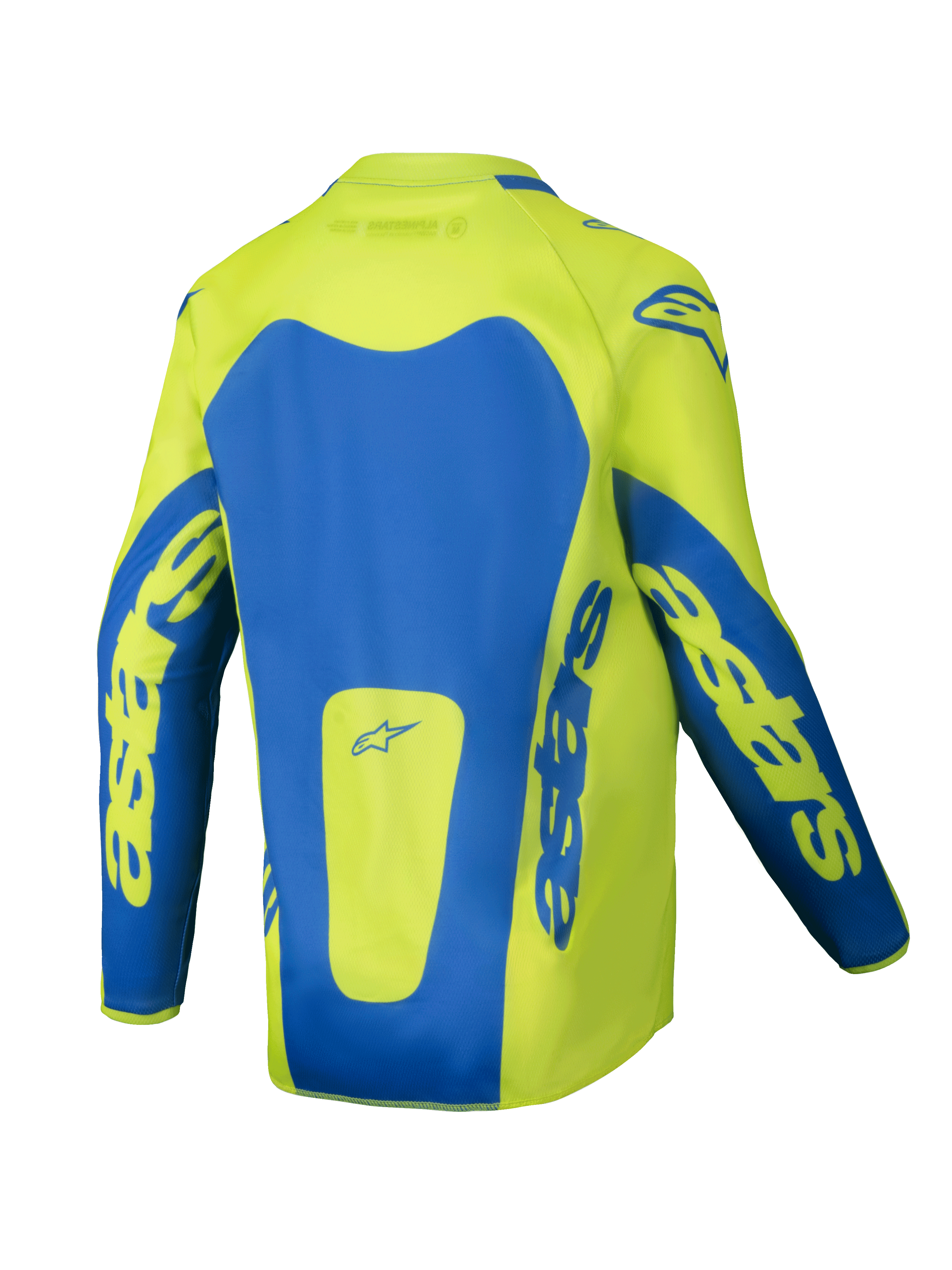 Alpinestars Youth Racer Veil Jersey 2025, jersey de motocross juvenil, amarillo flúor y azul, vista trasera con paneles azules llamativos y marca astars en las mangas, diseño con corte más largo en la parte trasera para mayor cobertura, tejido ligero que absorbe la humedad para carreras todoterreno