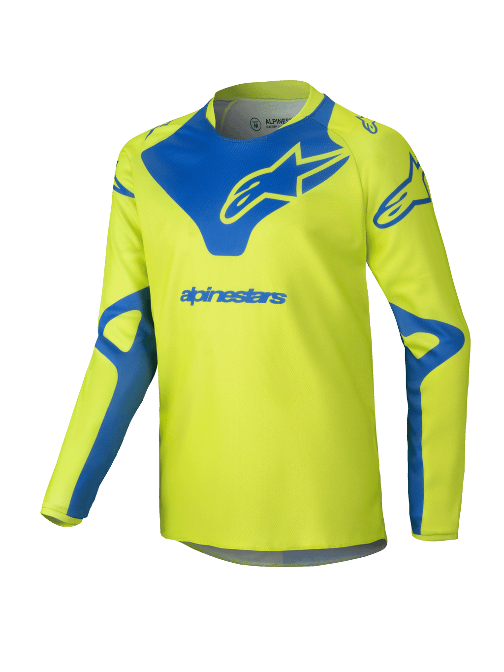 Alpinestars 2025 Youth Racer Veil Jersey, jersey de motocross, amarillo fluorescente y azul, prenda técnica de manga larga, logotipo Alpinestars azul en el pecho y los hombros, tejido ligero que absorbe la humedad para competiciones todoterreno