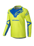 Alpinestars 2025 Youth Racer Veil Jersey, jersey de motocross, amarillo fluorescente y azul, prenda técnica de manga larga, logotipo Alpinestars azul en el pecho y los hombros, tejido ligero que absorbe la humedad para competiciones todoterreno