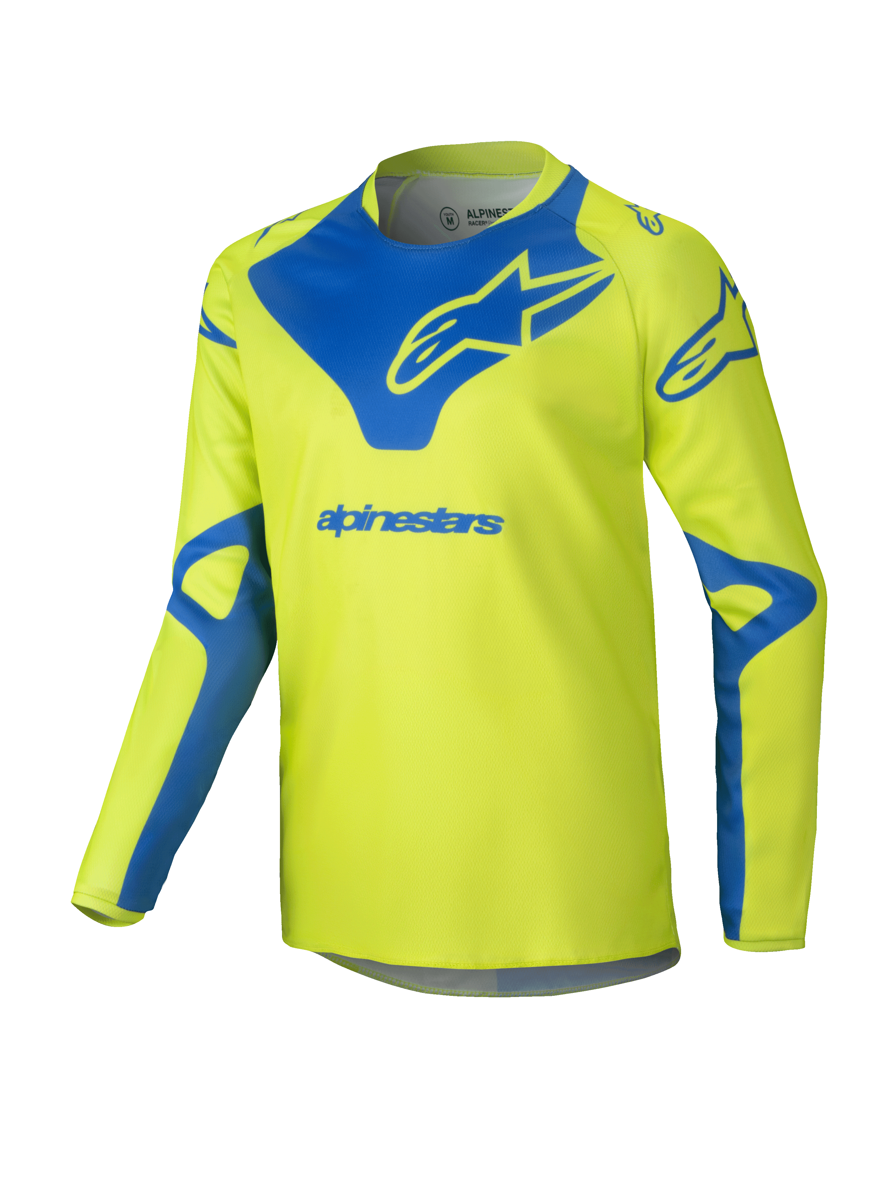 Alpinestars 2025 Youth Racer Veil Jersey, jersey de motocross, amarillo fluorescente y azul, prenda técnica de manga larga, logotipo Alpinestars azul en el pecho y los hombros, tejido ligero que absorbe la humedad para competiciones todoterreno