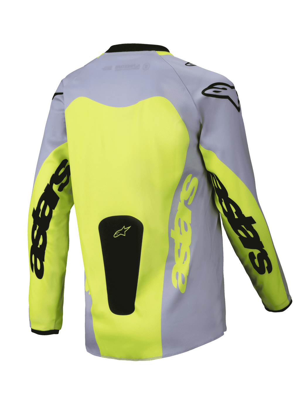 Alpinestars 2025 Youth Racer Veil Jersey, vista posterior, gris y amarillo fluorescente, con un gran panel posterior amarillo y marca Astars en las mangas, parche de logo negro en la base, equipo de motocross ligero para conducción off-road
