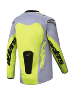 Alpinestars 2025 Youth Racer Veil Jersey, vista posterior, gris y amarillo fluorescente, con un gran panel posterior amarillo y marca Astars en las mangas, parche de logo negro en la base, equipo de motocross ligero para conducción off-road
