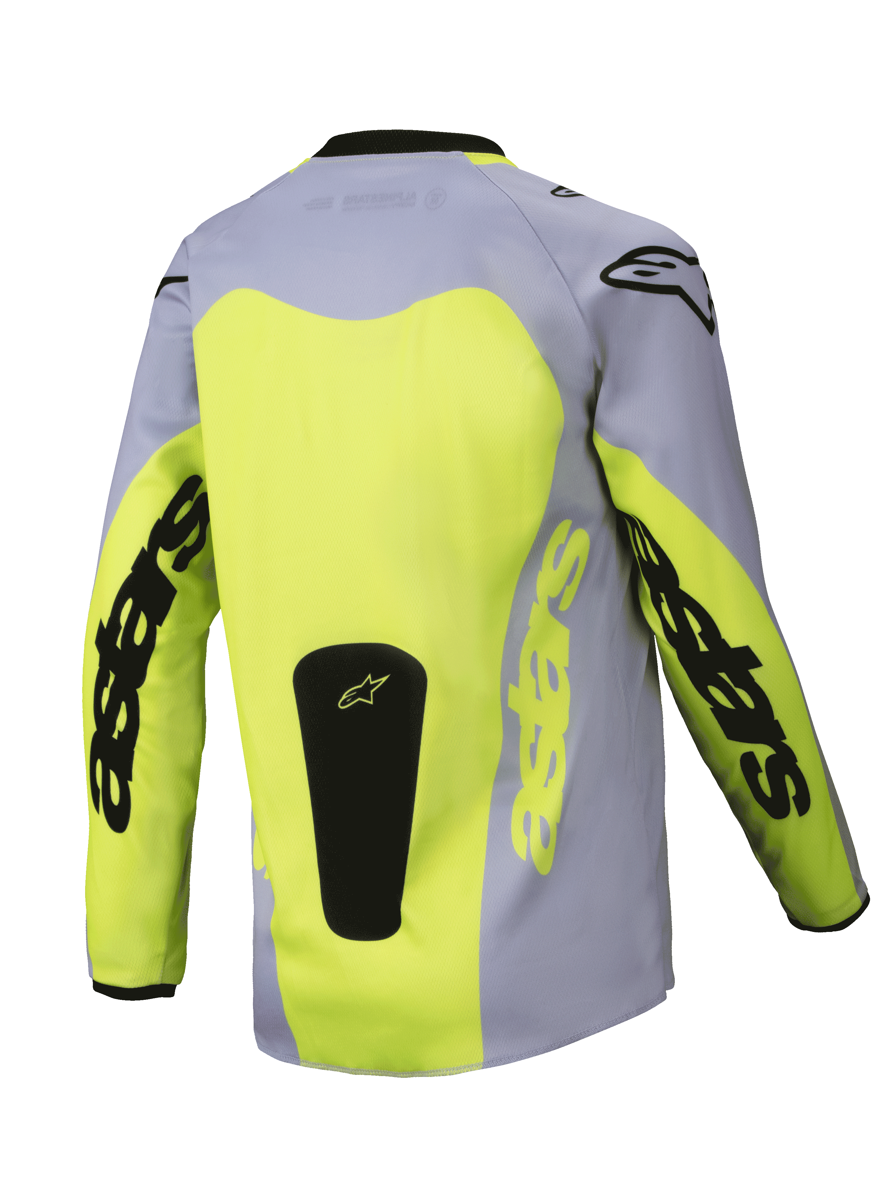 Alpinestars 2025 Youth Racer Veil Jersey, vista posterior, gris y amarillo fluorescente, con un gran panel posterior amarillo y marca Astars en las mangas, parche de logo negro en la base, equipo de motocross ligero para conducción off-road