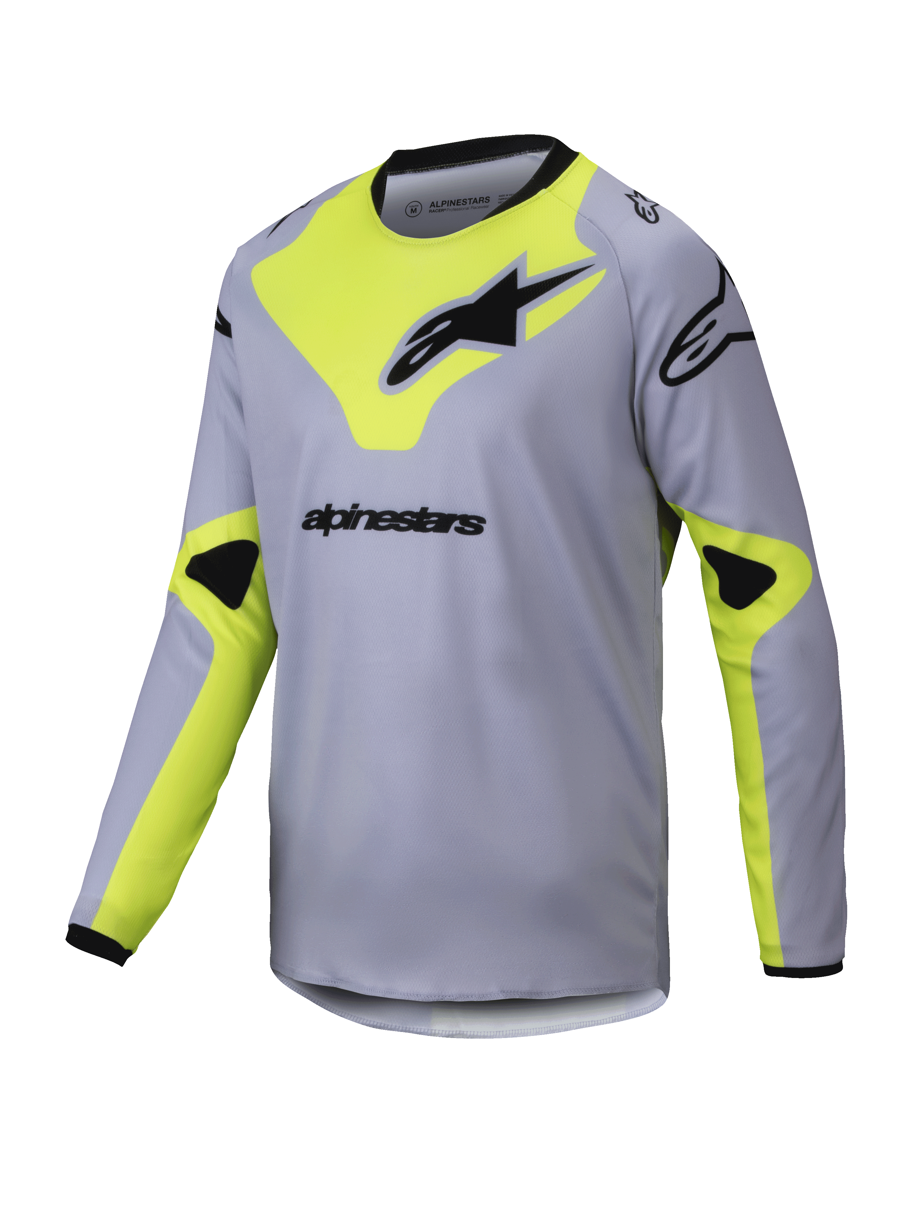 Alpinestars 2025 Youth Racer Veil Jersey, jersey de motocross juvenil de manga larga, gris y amarillo flúor, logos negros, tejido ligero y transpirable, cuello y puños negros, diseño geométrico