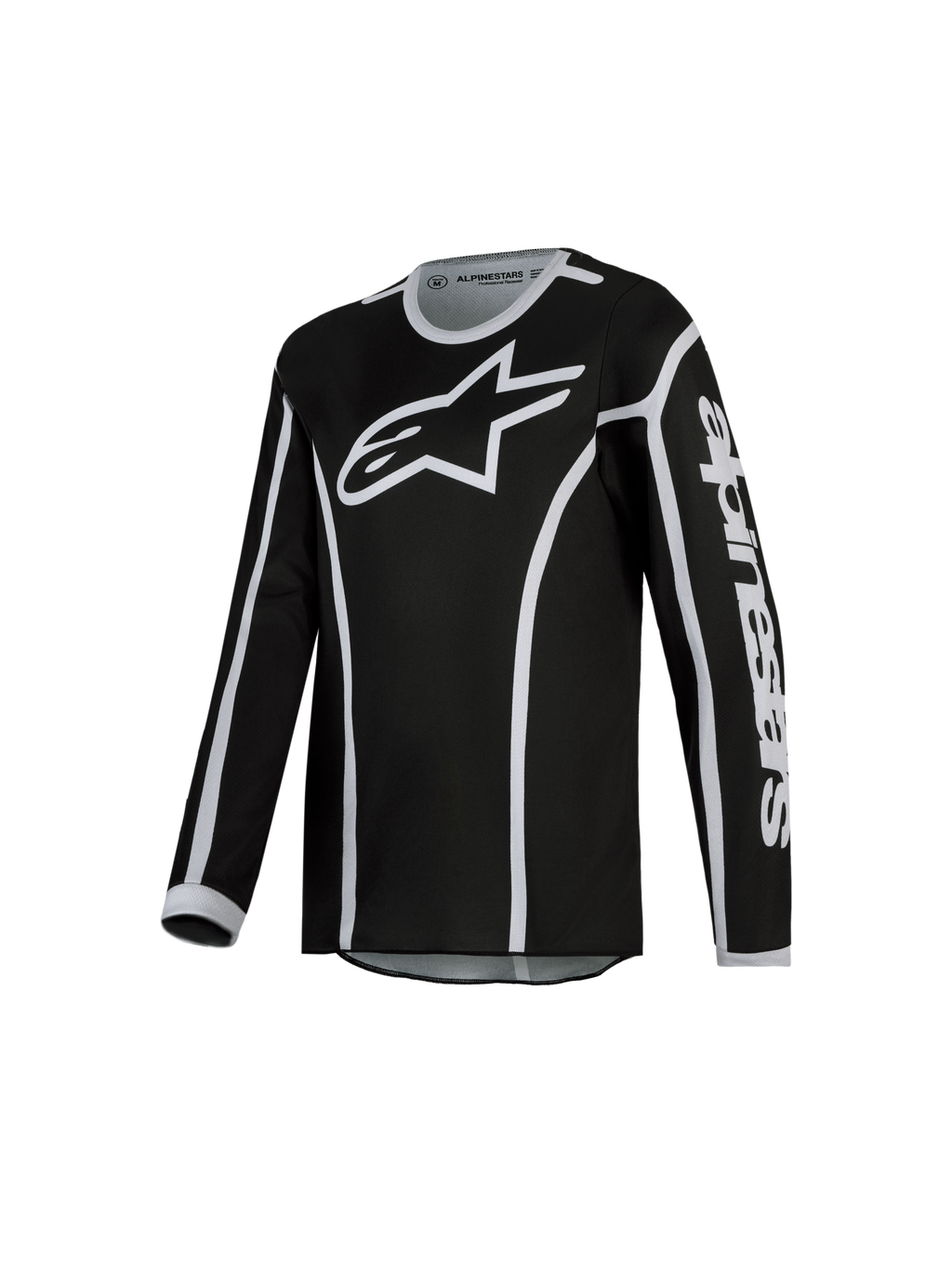 2027 Alpinestars Youth Fluid Apex V2 Jersey, black and silver motocross jersey with moisture-wicking polyfabric.