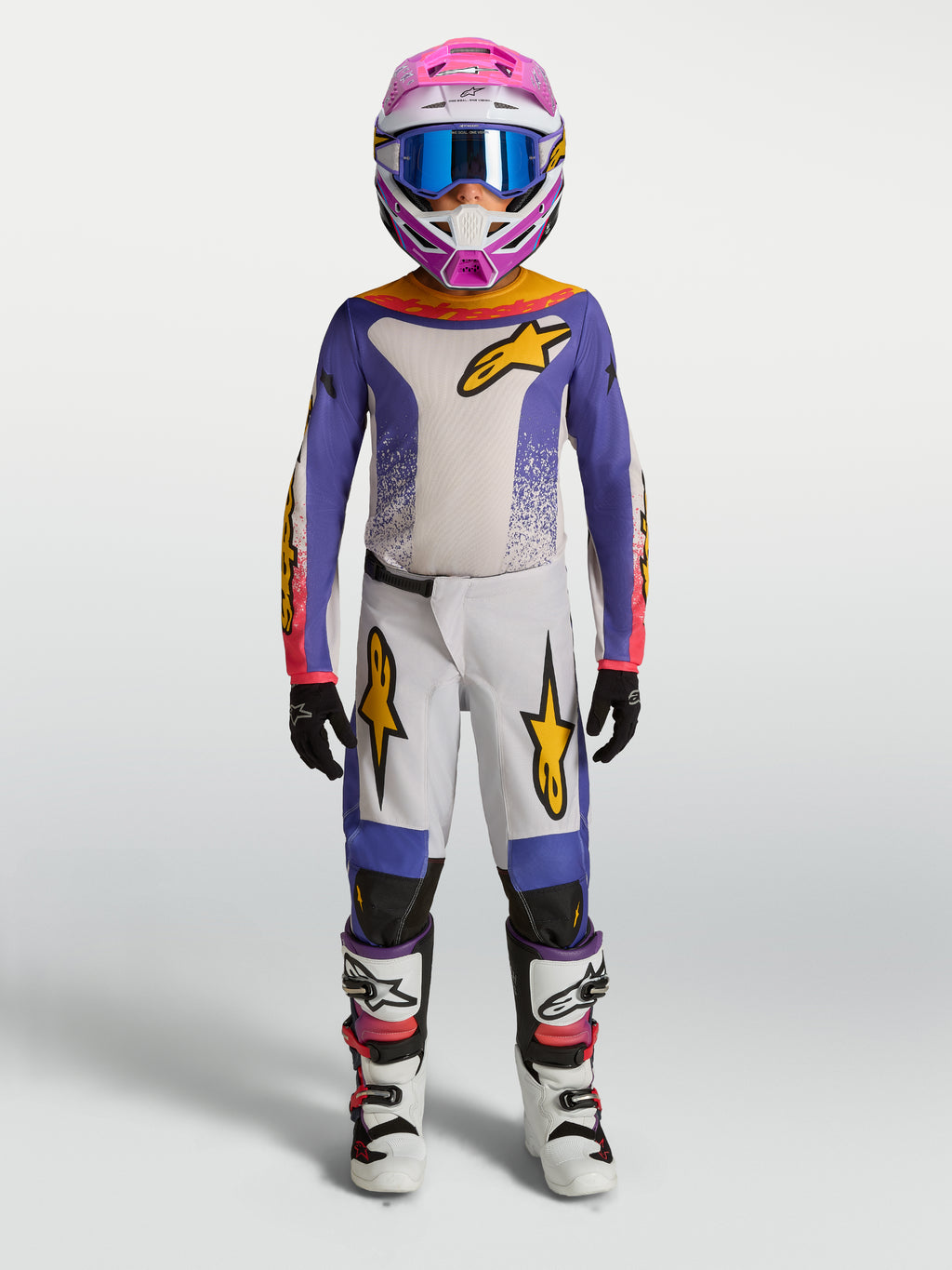 Alpinestars Fluid Drag Juvenil 2027, jersey y conjunto de motocross morado y blanco con detalles dorados