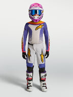 Alpinestars Fluid Drag Juvenil 2027, jersey y conjunto de motocross morado y blanco con detalles dorados