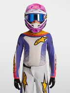 Alpinestars Jersey Fluid Drag Juvenil 2027, azul y blanco con toques dorados, jersey de motocross para conducción off-road.
