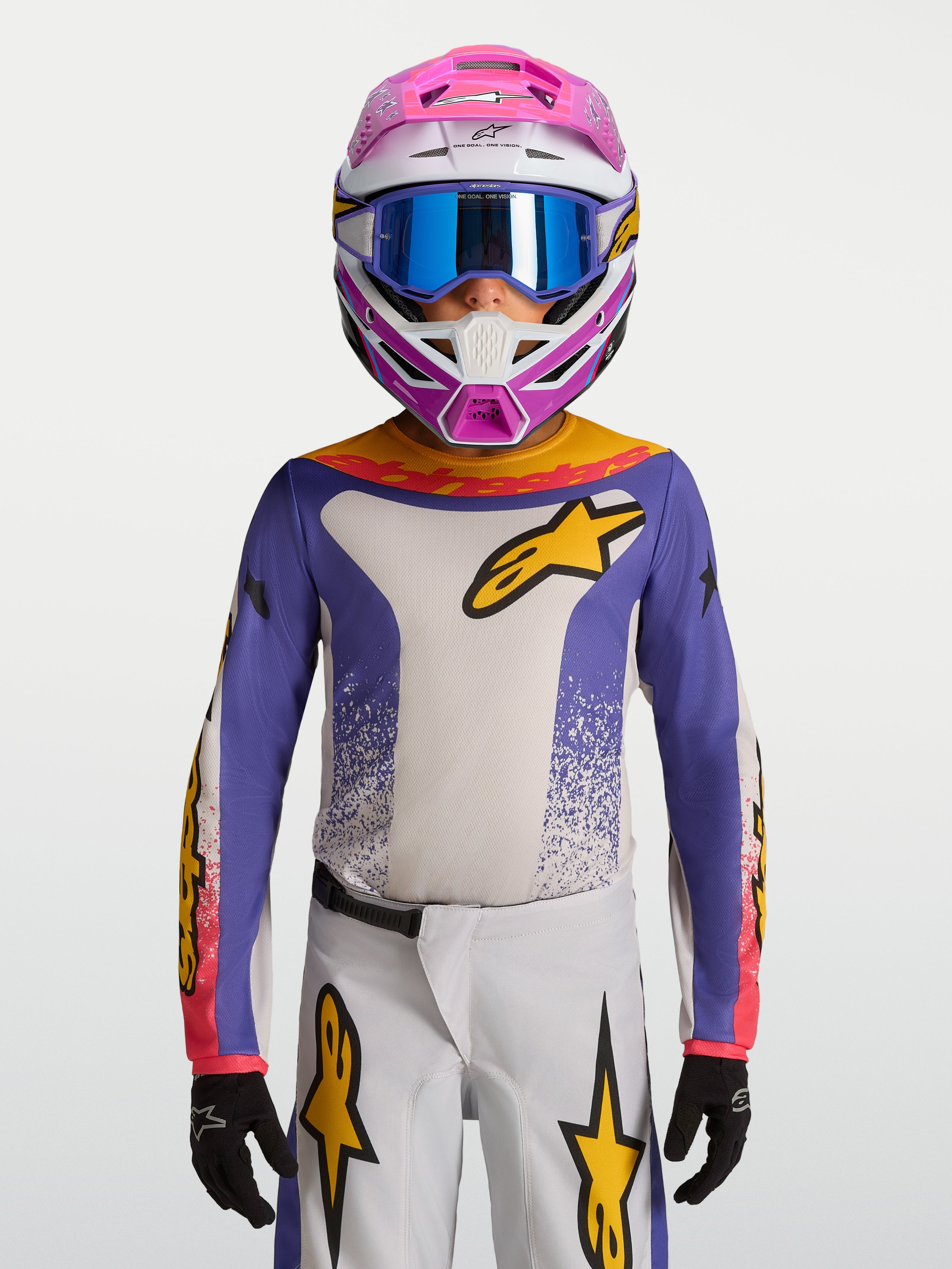 Alpinestars Jersey Fluid Drag Juvenil 2027, azul y blanco con toques dorados, jersey de motocross para conducción off-road.