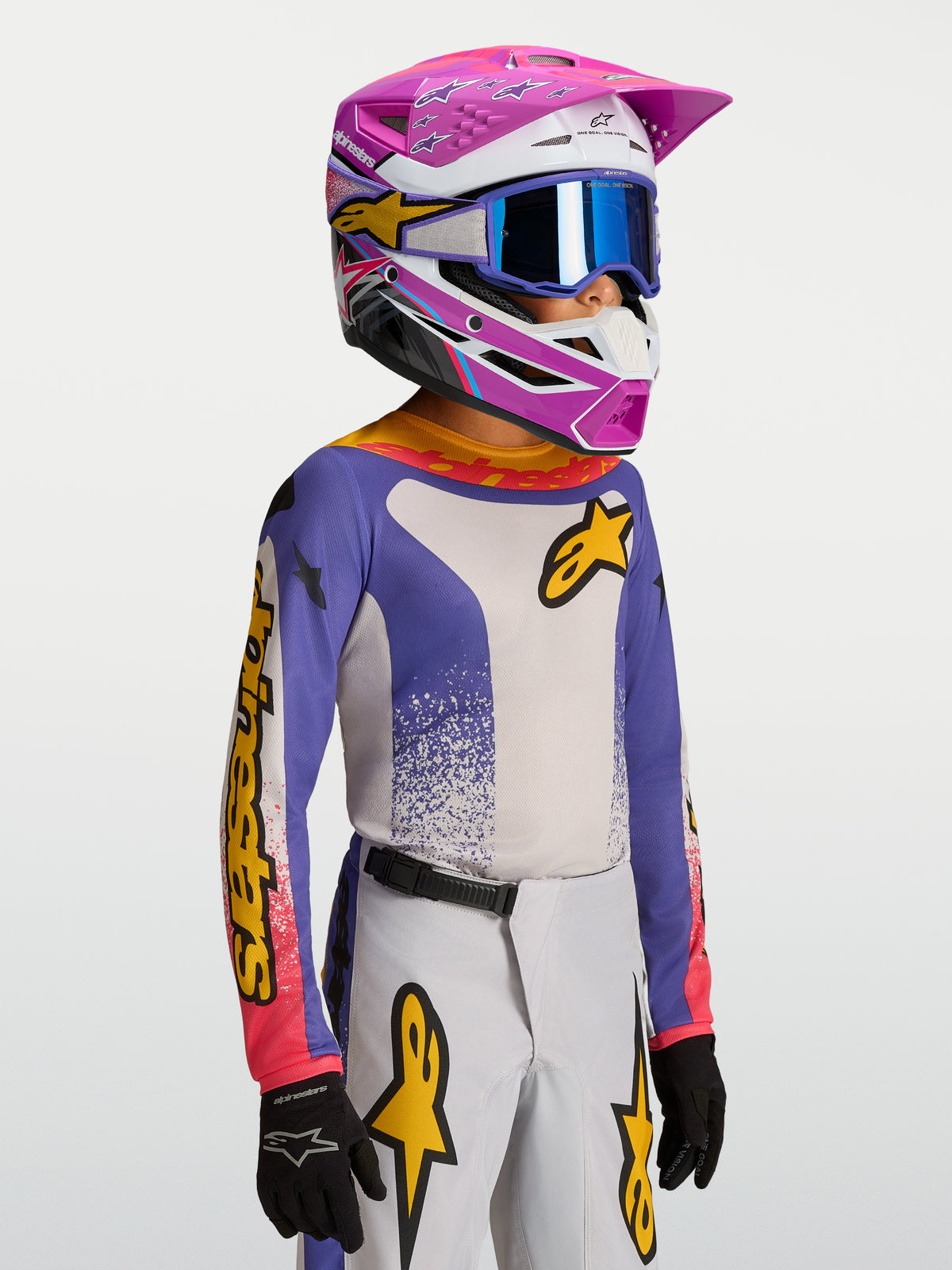 Alpinestars Jersey Fluid Drag Juvenil, jersey de motocross azul y blanco para niños con detalles amarillos