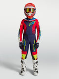 Alpinestars Fluid Drag 2027, conjunto de motocross juvenil de polifabricado, azul marino y rojo fuego, con botas blancas