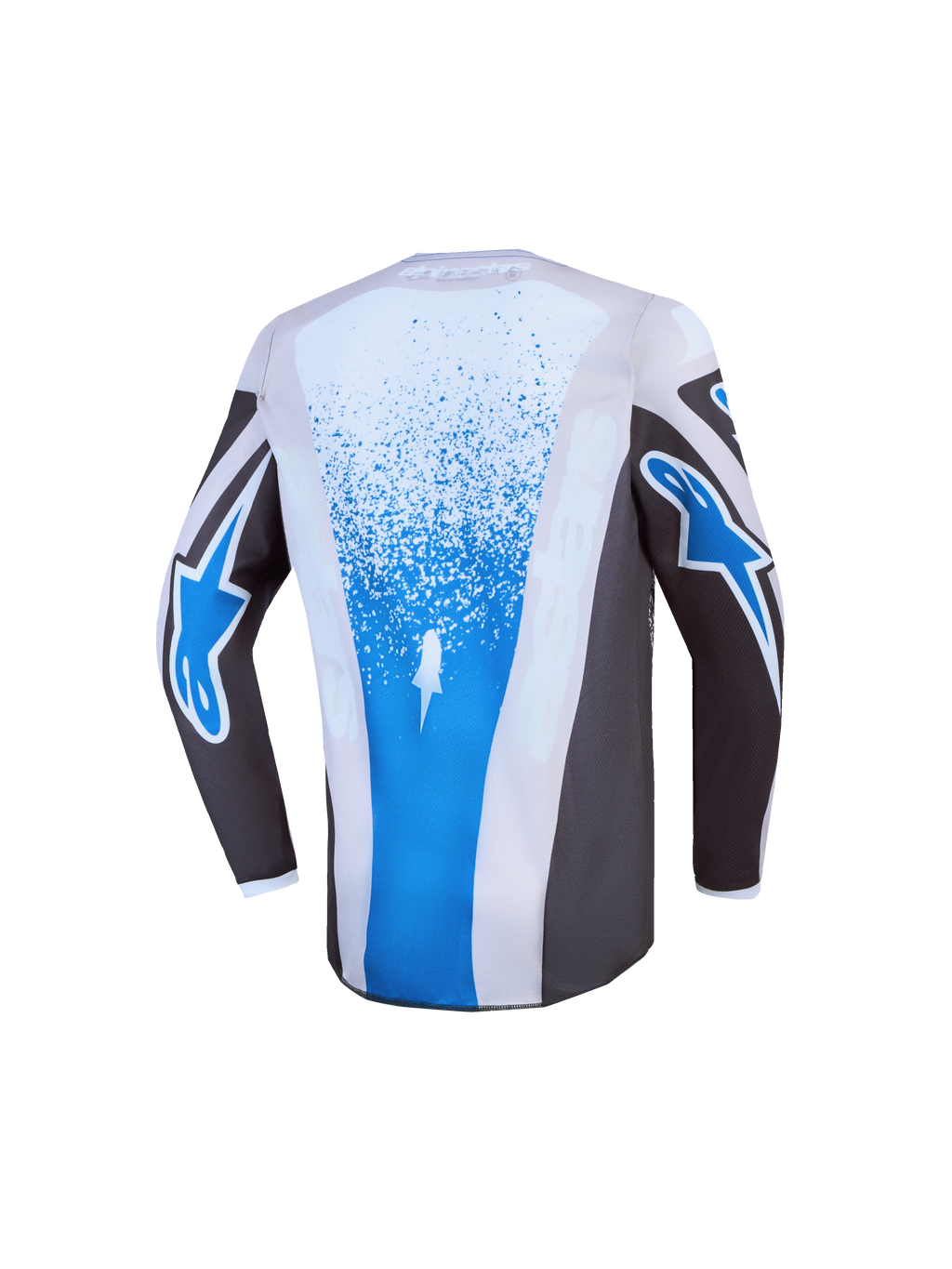 Alpinestars jersey juvenil Fluid Drag 2027, jersey de motocross gris y azul, vista trasera con diseño extendido.