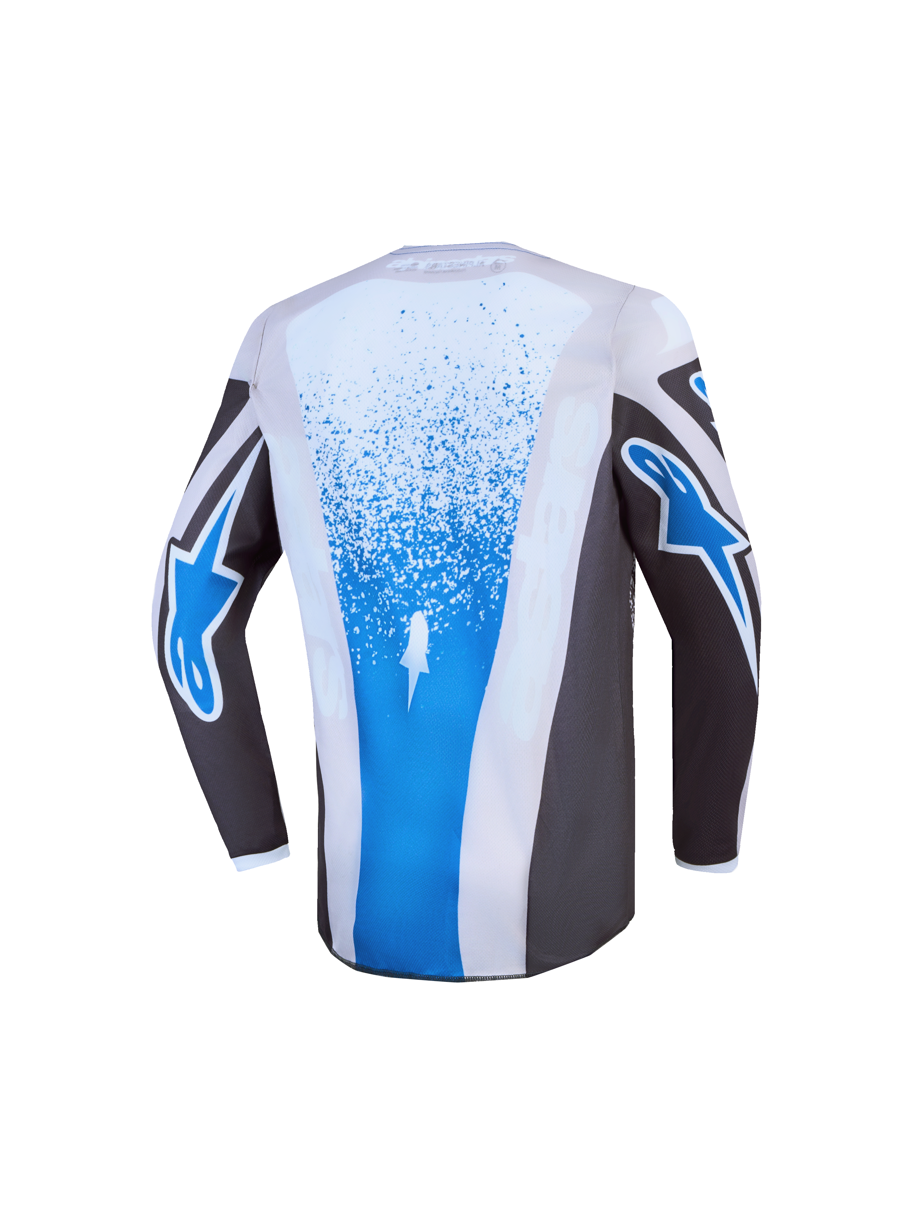 Alpinestars jersey juvenil Fluid Drag 2027, jersey de motocross gris y azul, vista trasera con diseño extendido.