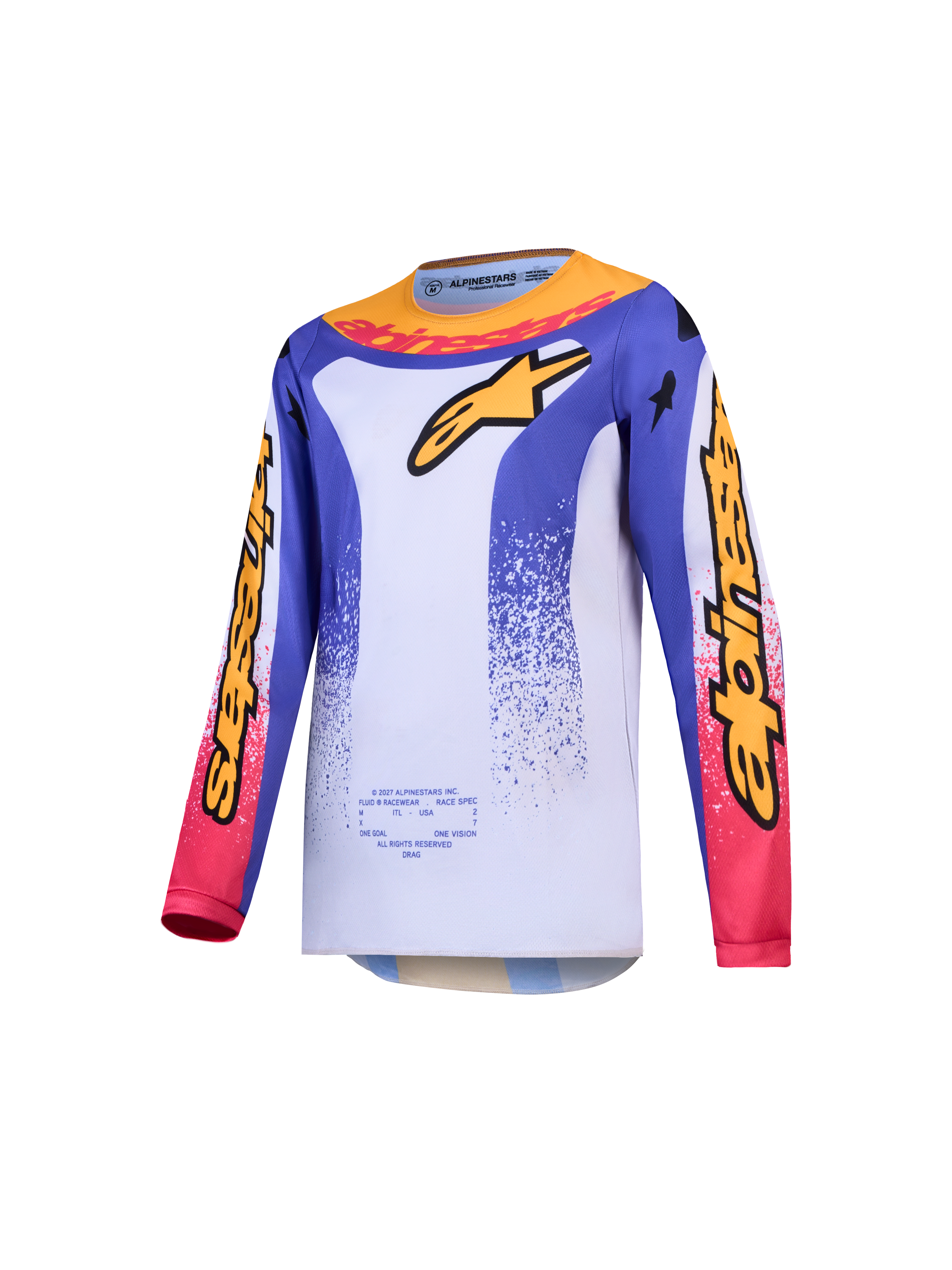 Jersey Fluid Drag juvenil Alpinestars, de motocross, azul, blanco y dorado, en politejido que absorbe la humedad