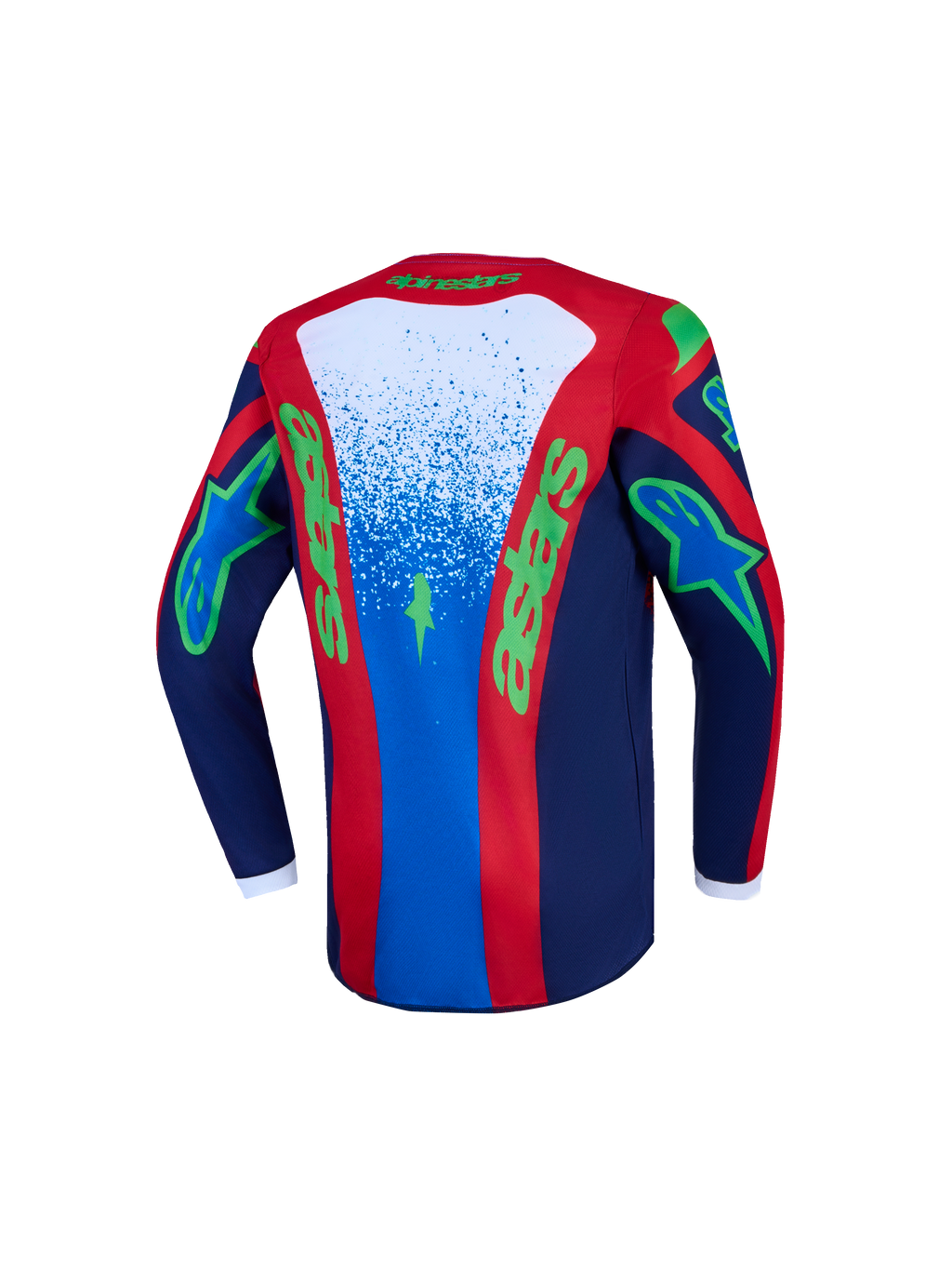 Alpinestars Youth Fluid Drag Jersey, blue and red motocross jersey with green graphics and moisture-wicking fabric.