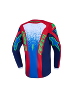 Alpinestars Youth Fluid Drag Jersey, blue and red motocross jersey with green graphics and moisture-wicking fabric.