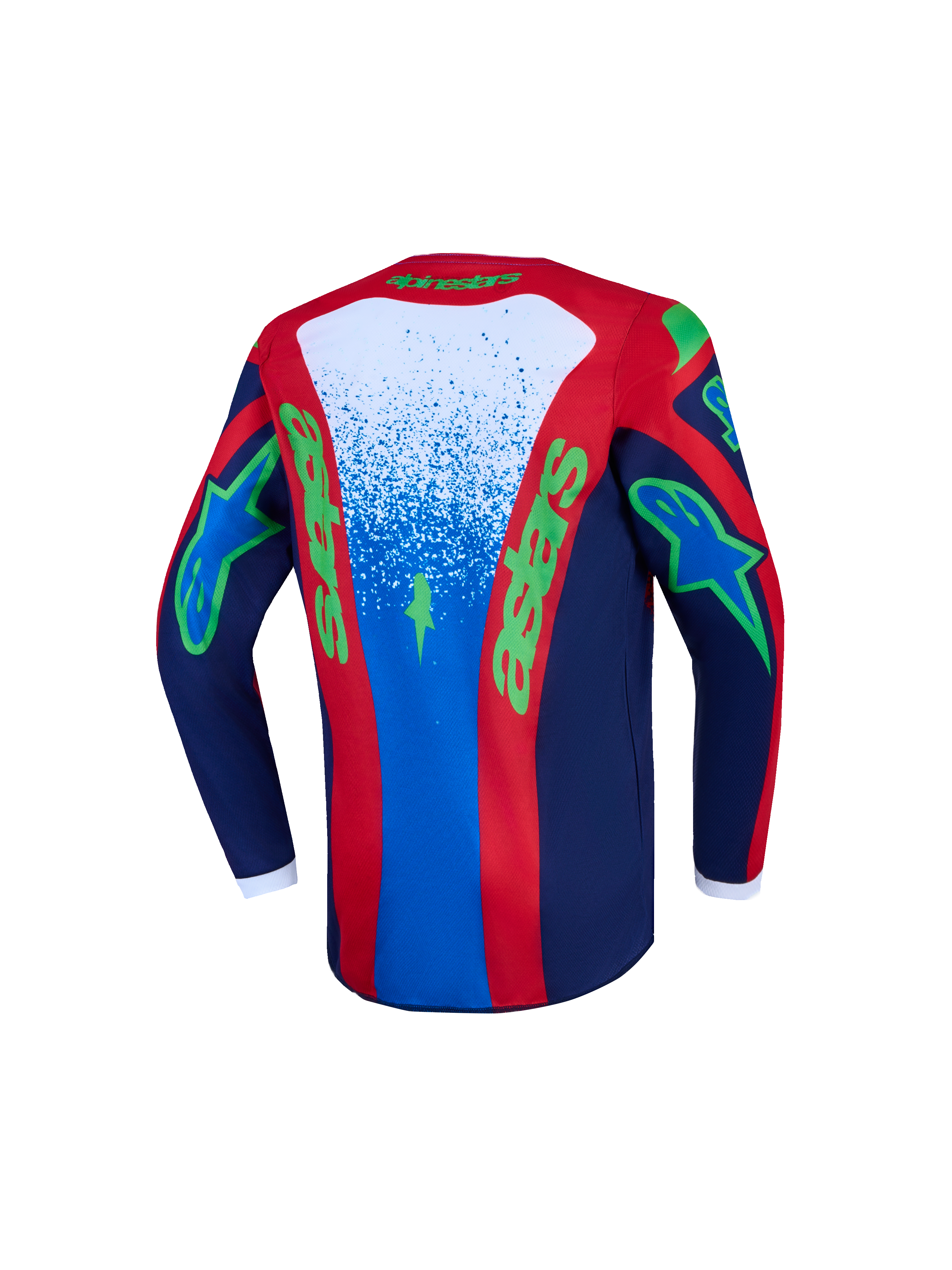 Alpinestars Youth Fluid Drag Jersey, blue and red motocross jersey with green graphics and moisture-wicking fabric.