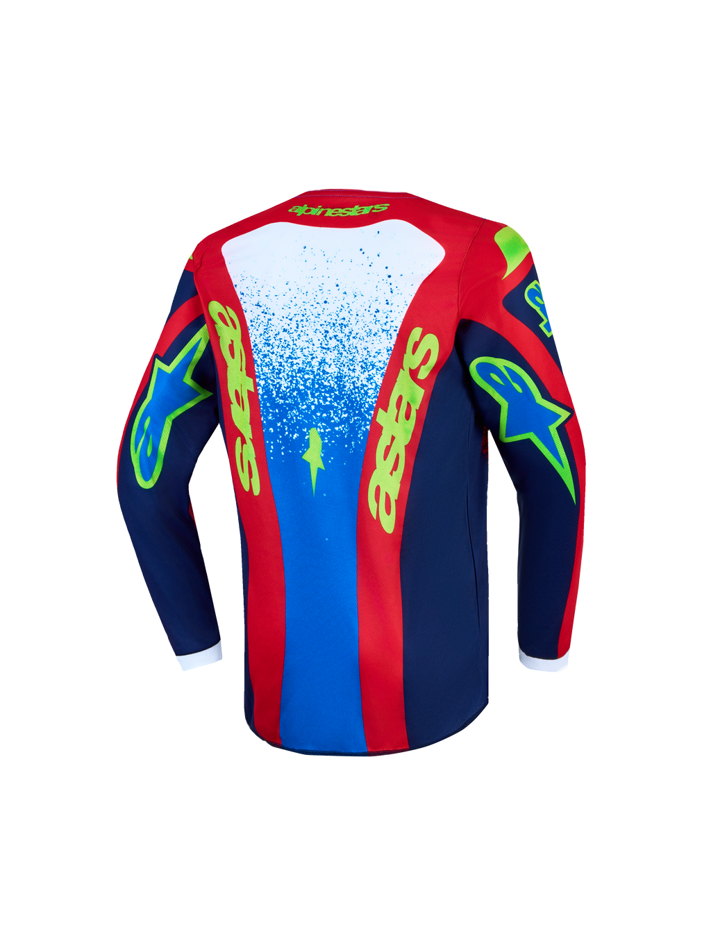 Alpinestars Jersey Fluid Drag Juvenil 2027, jersey de motocross azul y rojo, vista trasera de tejido que absorbe la humedad.