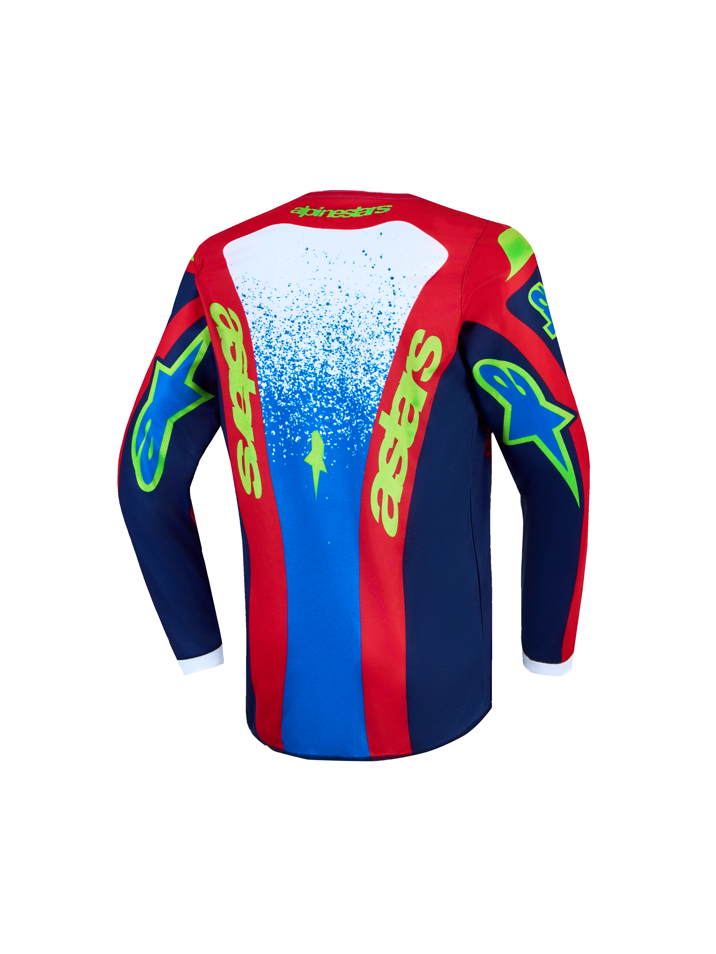 Alpinestars Jersey Fluid Drag Juvenil 2027, jersey de motocross azul y rojo, vista trasera de tejido que absorbe la humedad.