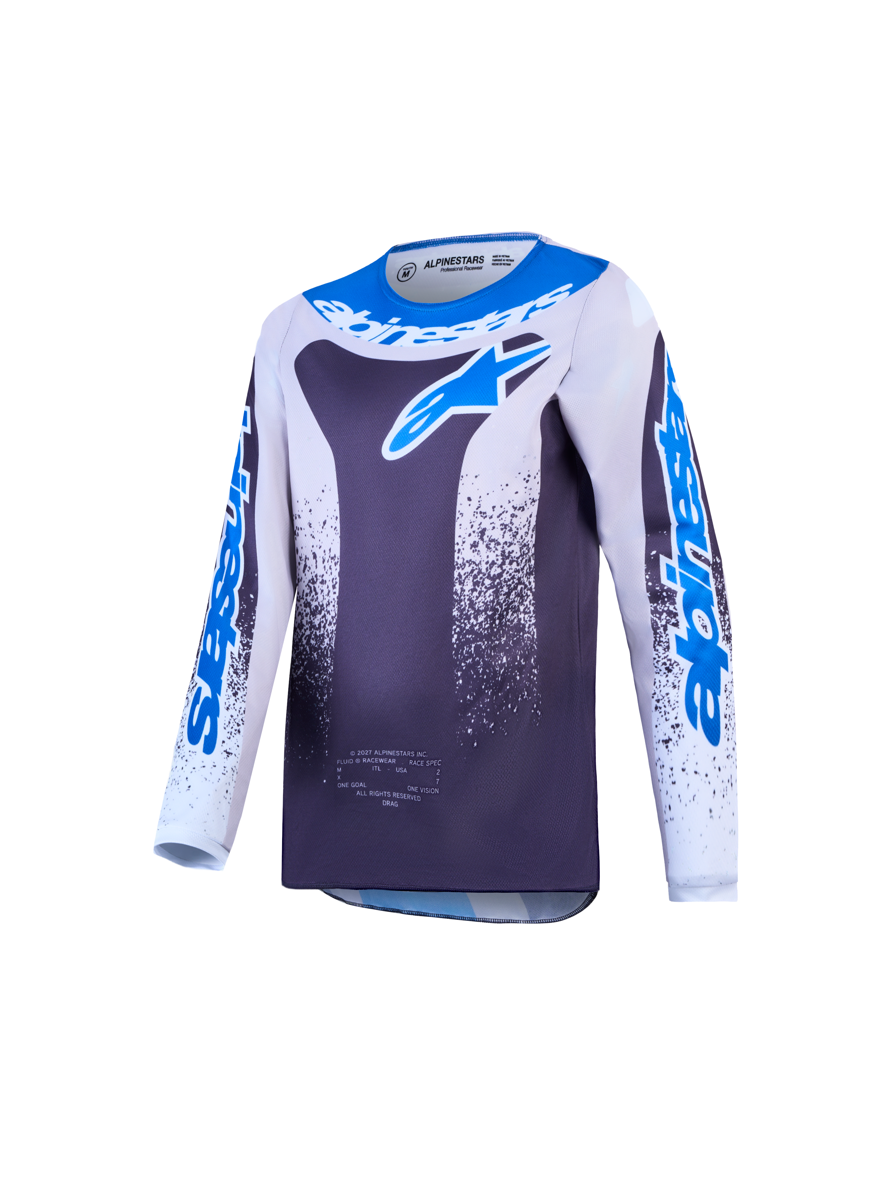 Jersey Juvenil Fluid Drag de Alpinestars, jersey de motocross juvenil, gris y azul, fabricado en politejido transpirable y ligero para off-road