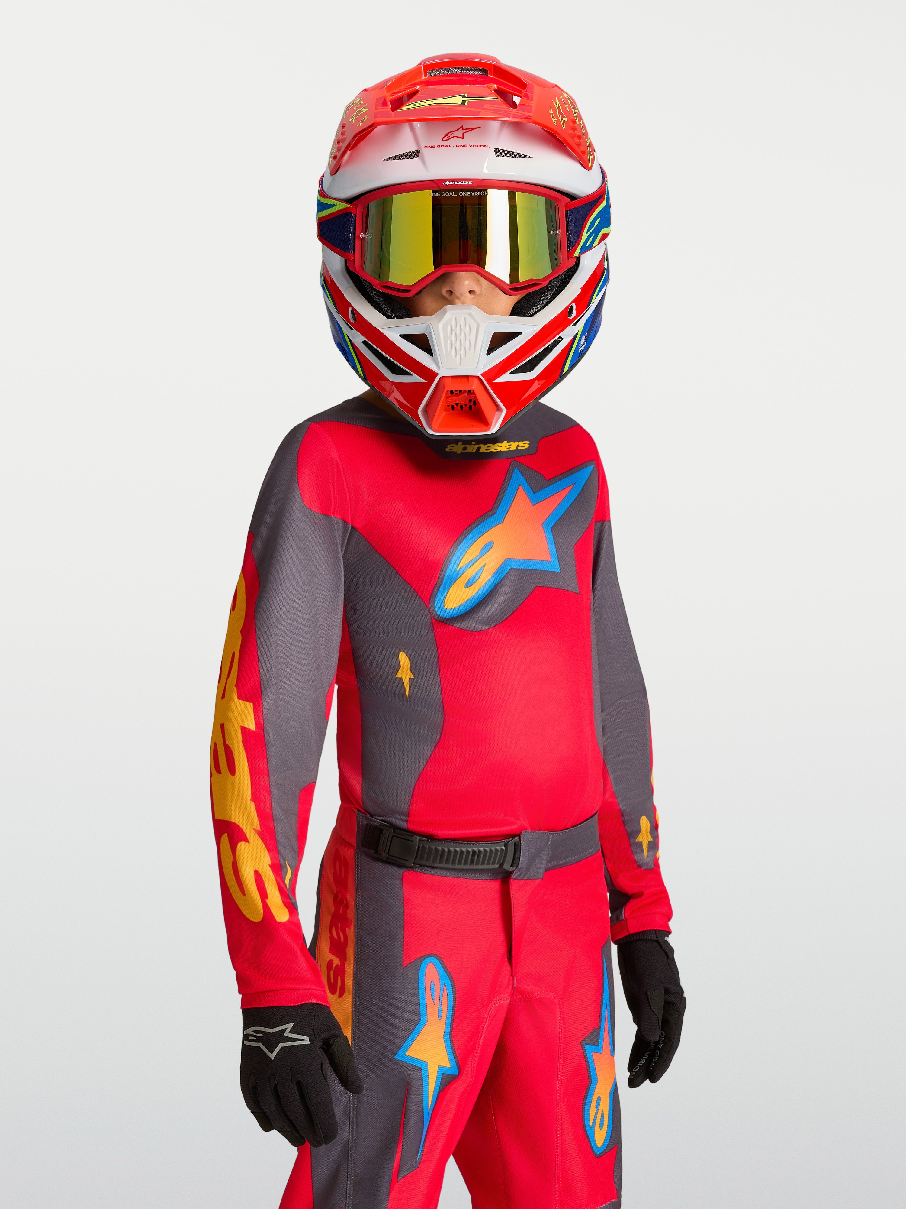 Alpinestars Jersey Fluid Hunt Juvenil, jersey de motocross para jóvenes en rojo y gris, tejido transpirable que evacua la humedad, equipo off-road