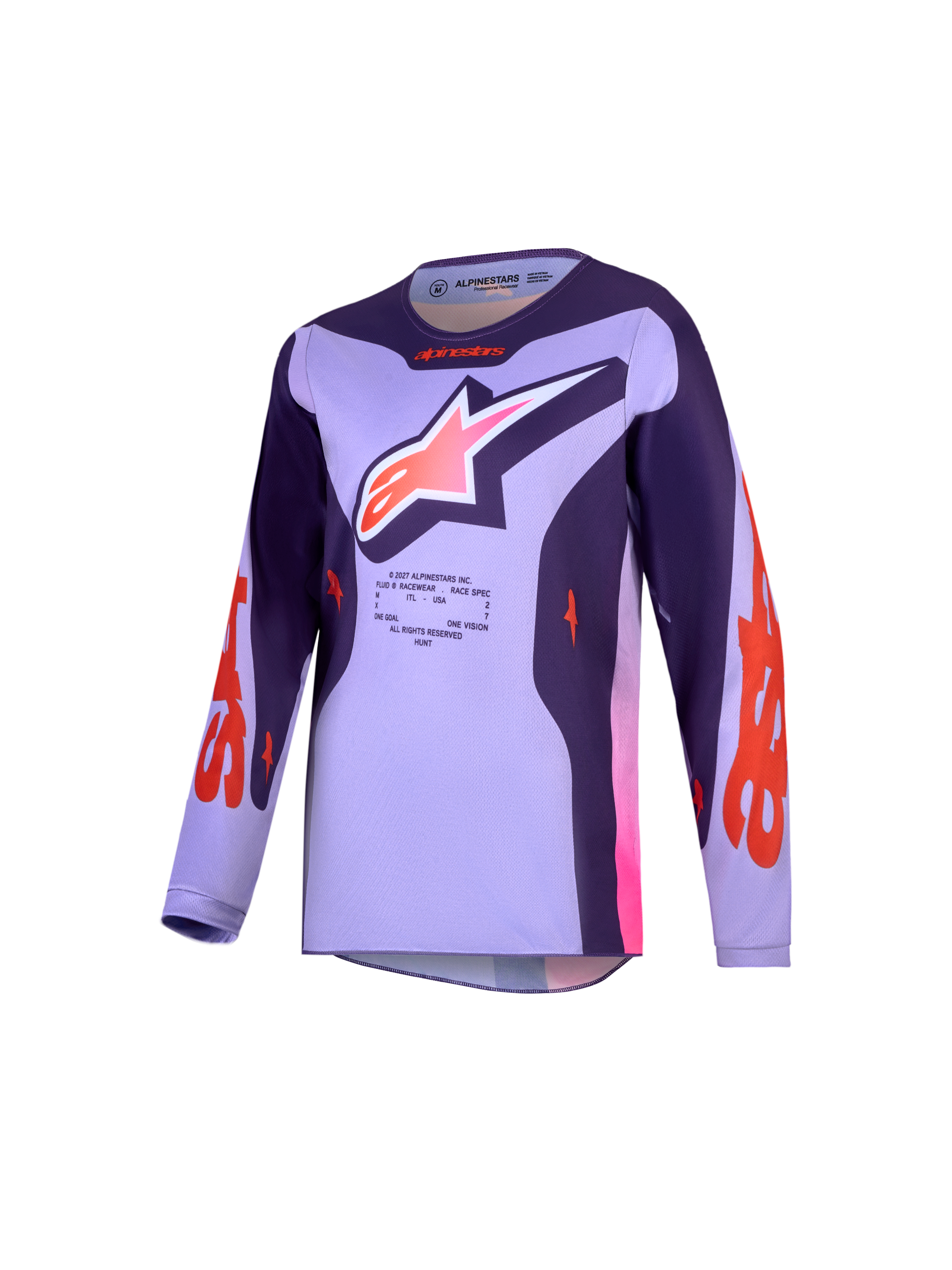 Alpinestars Fluid Hunt Juvenil, jersey de motocross morado claro y oscuro, tejido transpirable y ergonómico