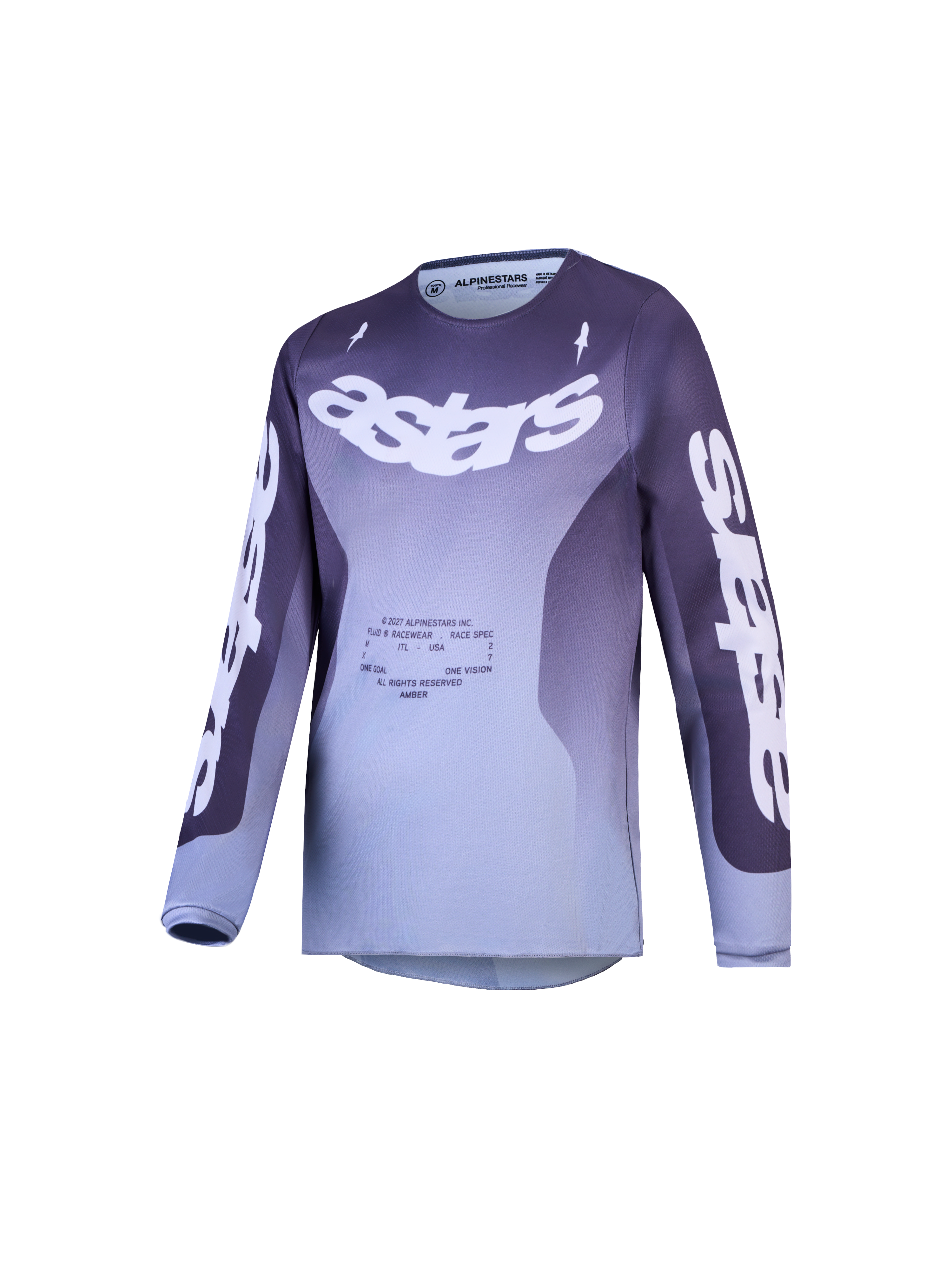 Alpinestars Fluid Amber, jersey de motocross juvenil, degradado morado y gris con logotipos Astars y diseño técnico off-road.