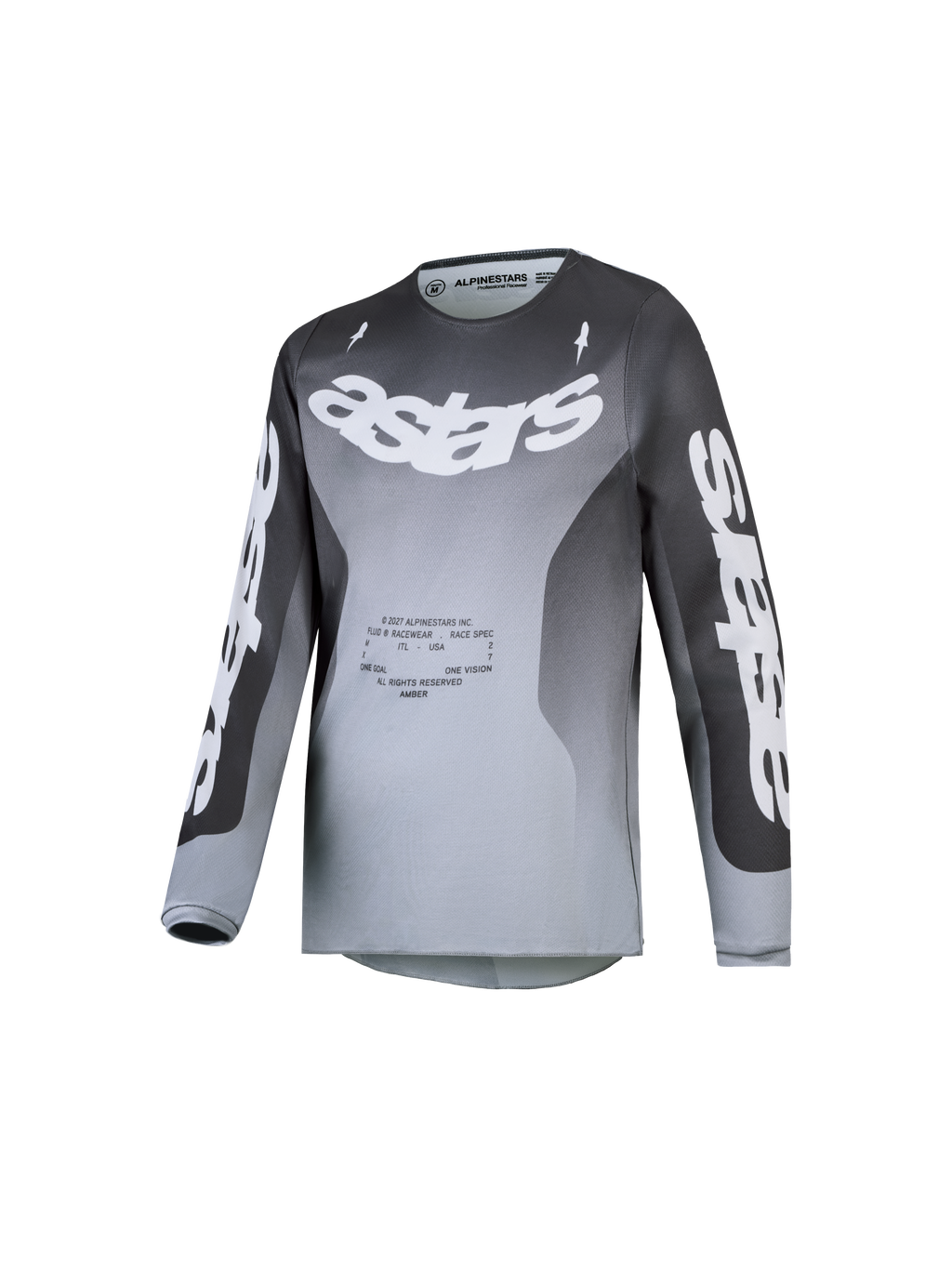 Alpinestars Jersey Fluid Amber Juvenil 2027, jersey de motocross juvenil, degradado en gris y blanco, tejido técnico transpirable que absorbe la humedad y logotipos astars