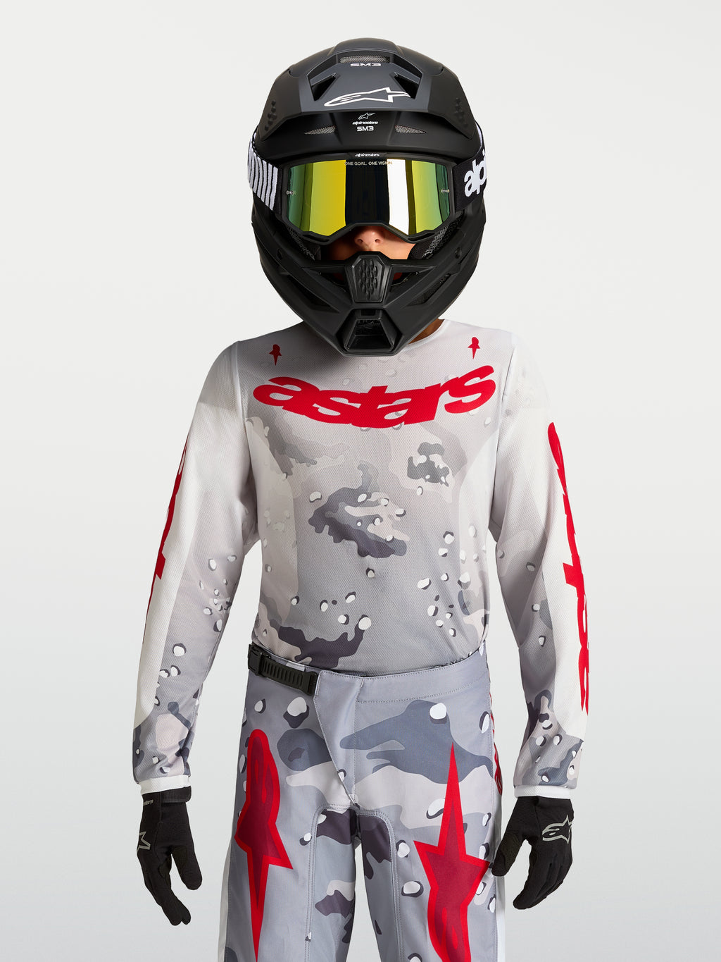 Jersey Alpinestars Fluid Lone juvenil 2027, gris camuflaje y rojo fuego, equipo de motocross con tejido de alto rendimiento