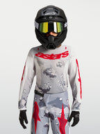 Jersey Alpinestars Fluid Lone juvenil 2027, gris camuflaje y rojo fuego, equipo de motocross con tejido de alto rendimiento