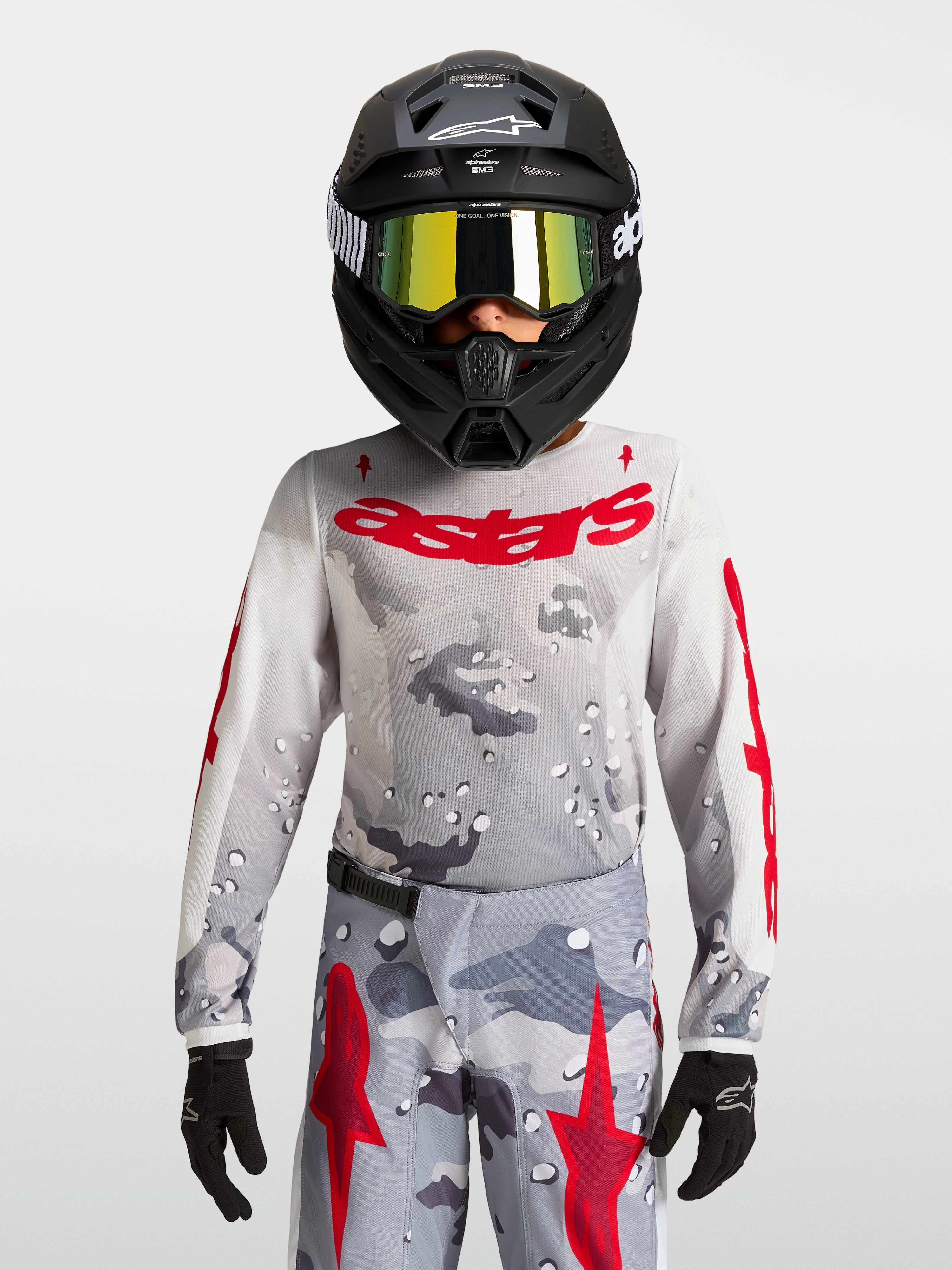 Jersey Alpinestars Fluid Lone juvenil 2027, gris camuflaje y rojo fuego, equipo de motocross con tejido de alto rendimiento
