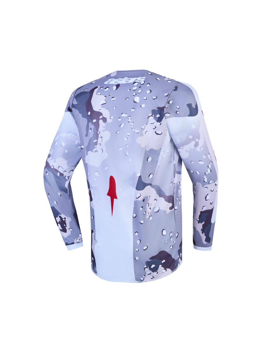 Alpinestars Jersey Fluid Lone Juvenil, jersey de motocross para off-road, vista trasera en colores gris y blanco con diseño de camuflaje, fabricado en tejido técnico ligero y transpirable