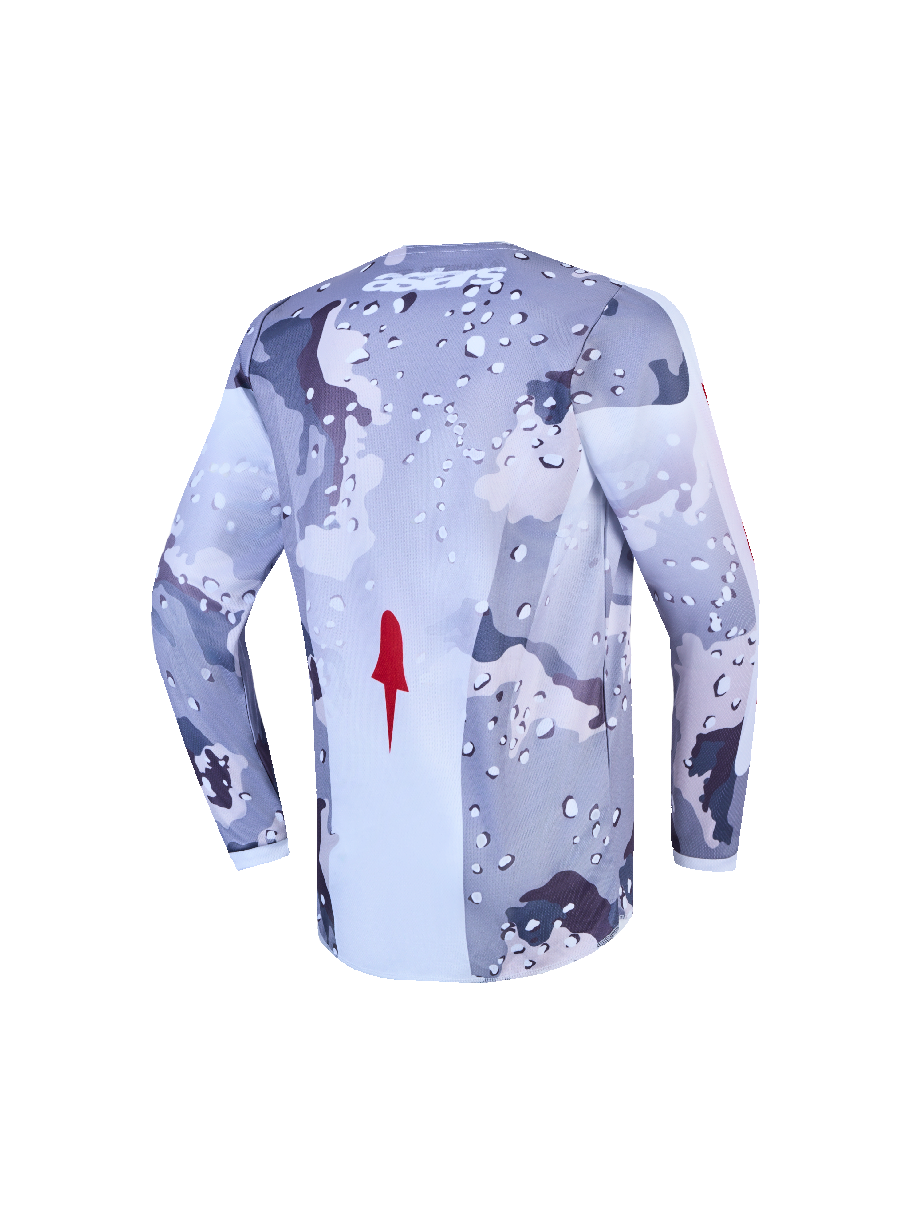 Alpinestars Jersey Fluid Lone Juvenil, jersey de motocross para off-road, vista trasera en colores gris y blanco con diseño de camuflaje, fabricado en tejido técnico ligero y transpirable