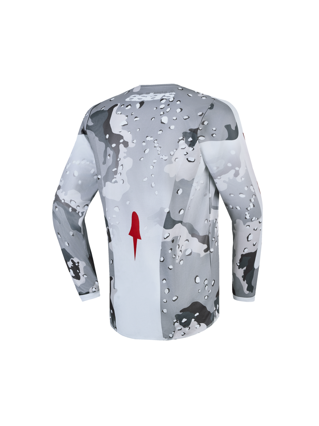 Alpinestars Jersey Fluid Lone Juvenil, jersey de motocross para jóvenes pilotos, gris camuflaje y blanco, tejido transpirable con detalle rojo, vista posterior