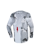 Alpinestars Jersey Fluid Lone Juvenil, jersey de motocross para jóvenes pilotos, gris camuflaje y blanco, tejido transpirable con detalle rojo, vista posterior